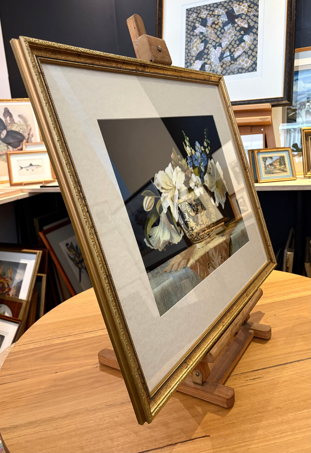 Original handmade silk embroidery artwork, framed vintage art