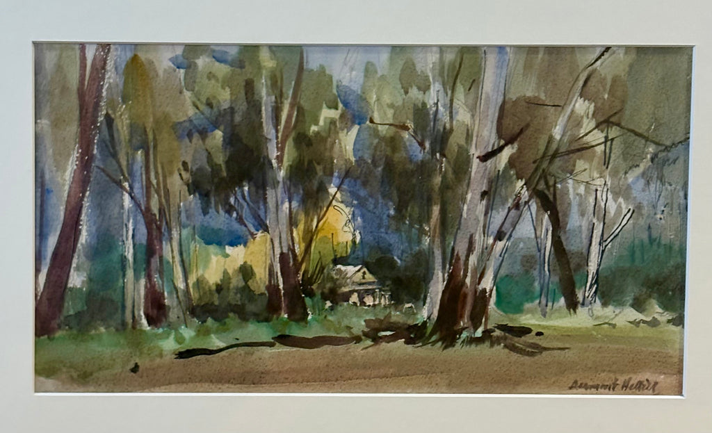 Mid Century original watercolour painting, Dermont Hellier, Australian bush, framed art