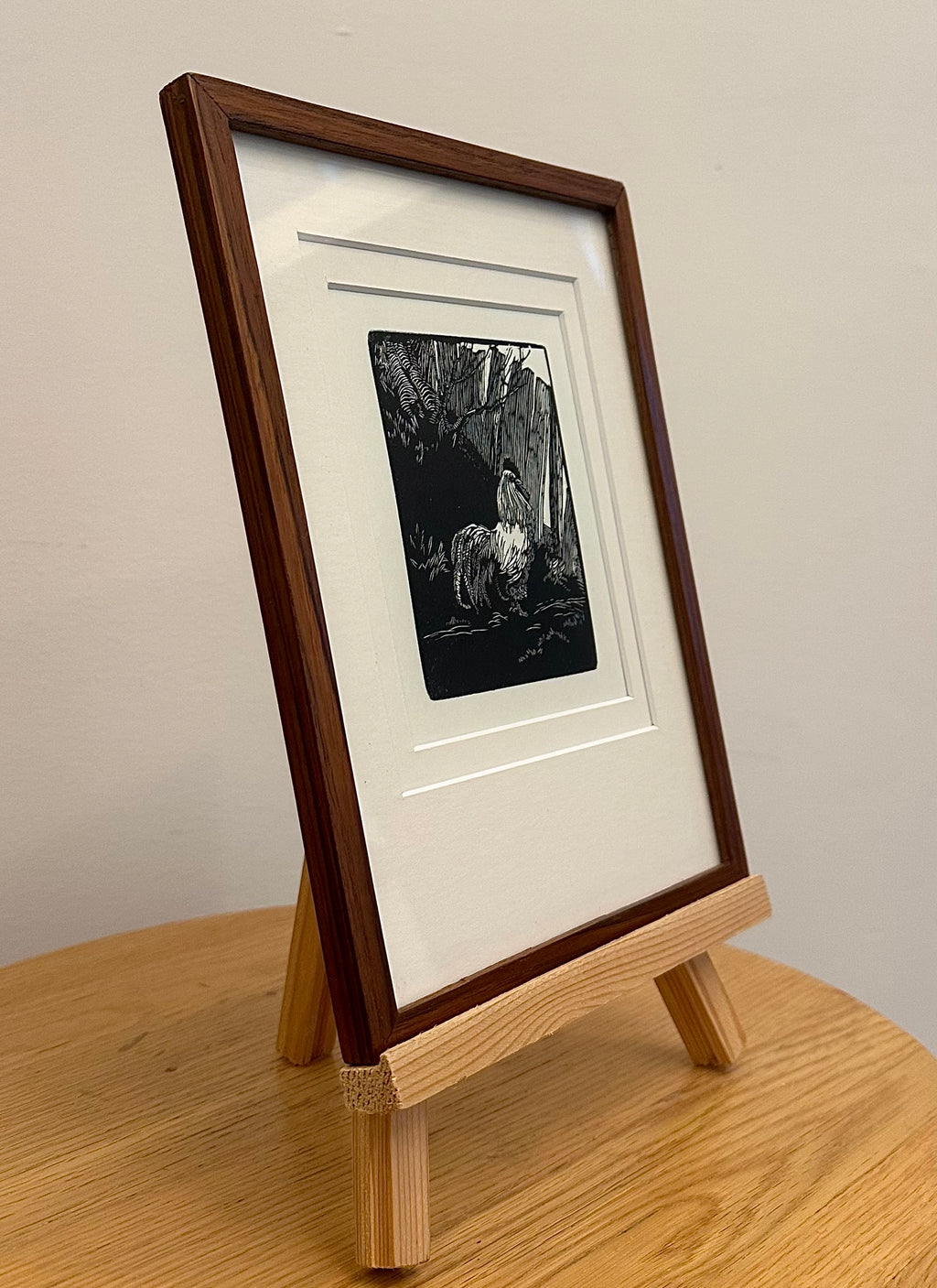 Original Helen Ogilvie woodblock print "The White Rooster", framed art, farmyard birds, Australian artwork