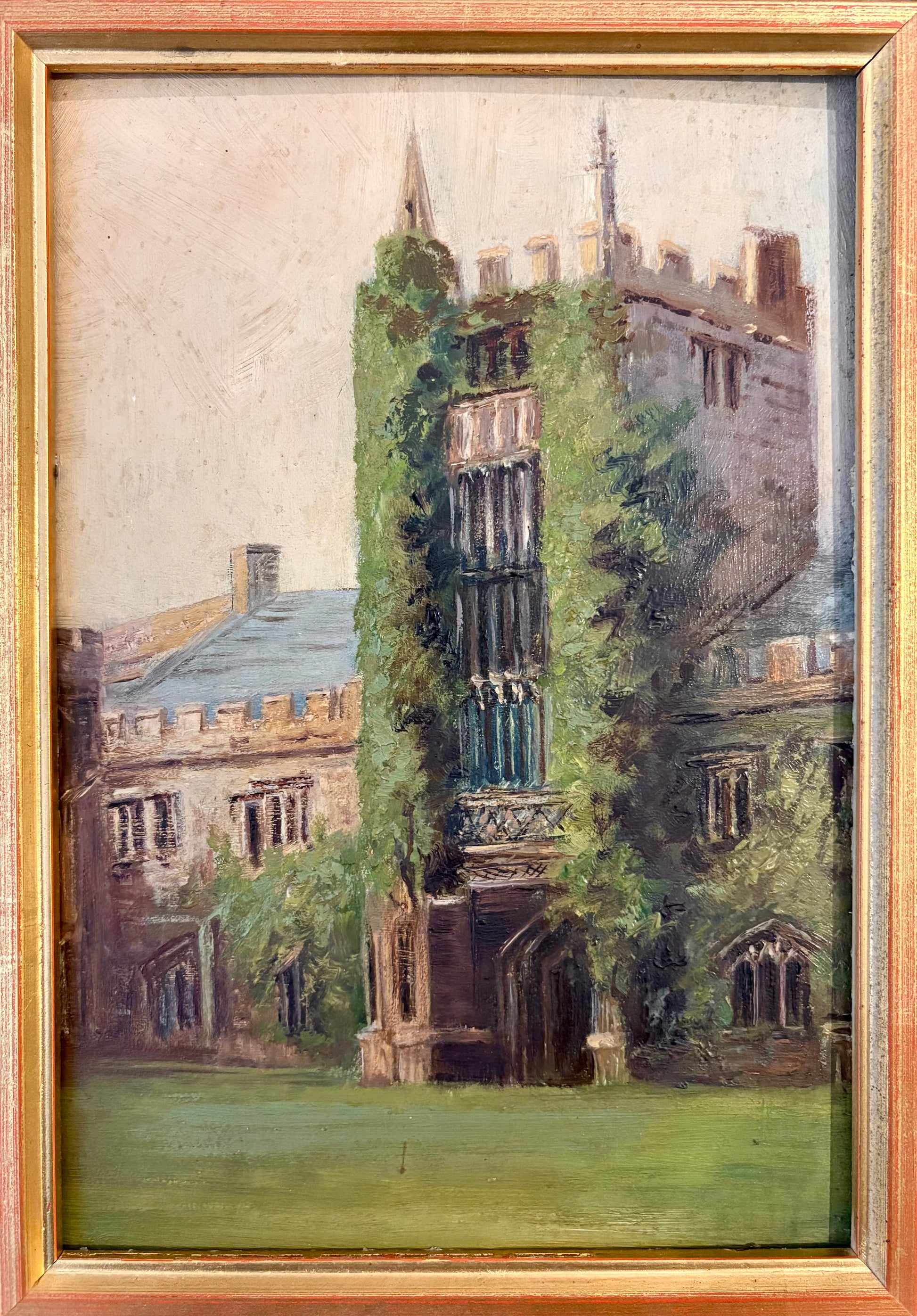 1900s original antique oil painting, Oxford University, framed art