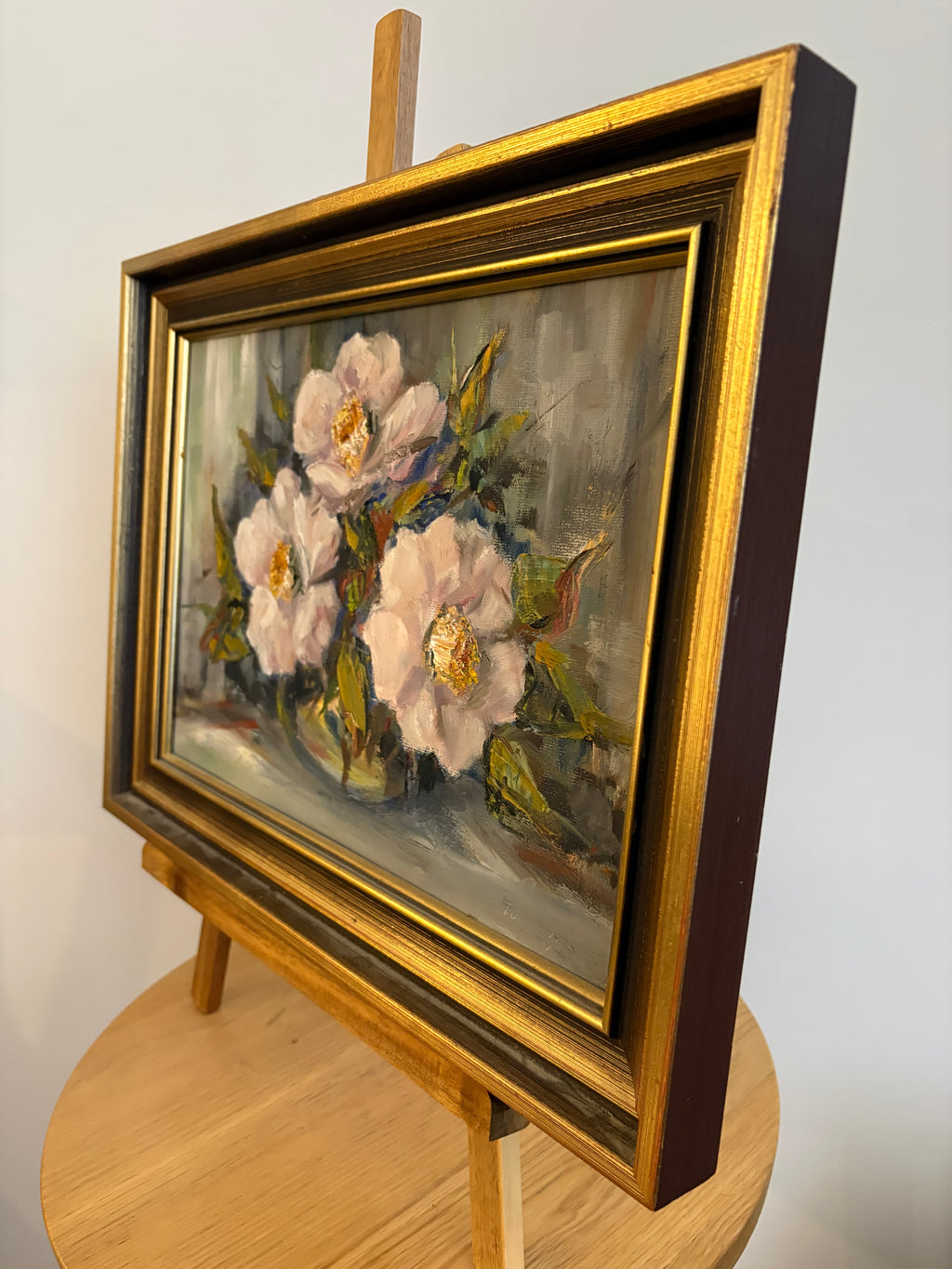 Vintage original painting, camelia flowers, signed framed artwork