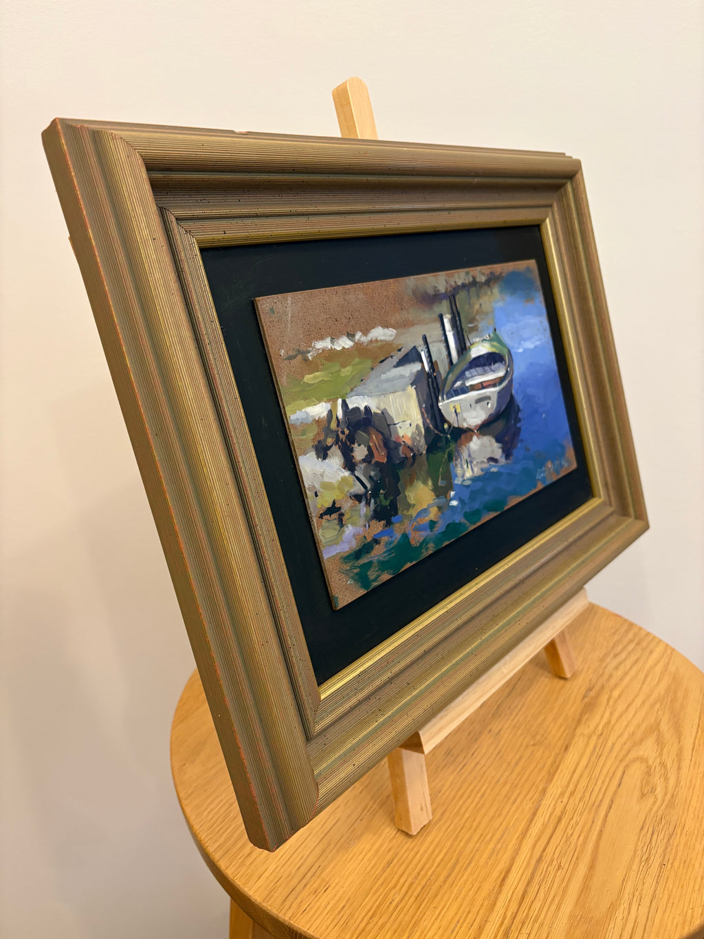 Original Graham Galloway oil painting on board, boat, vintage framed artwork