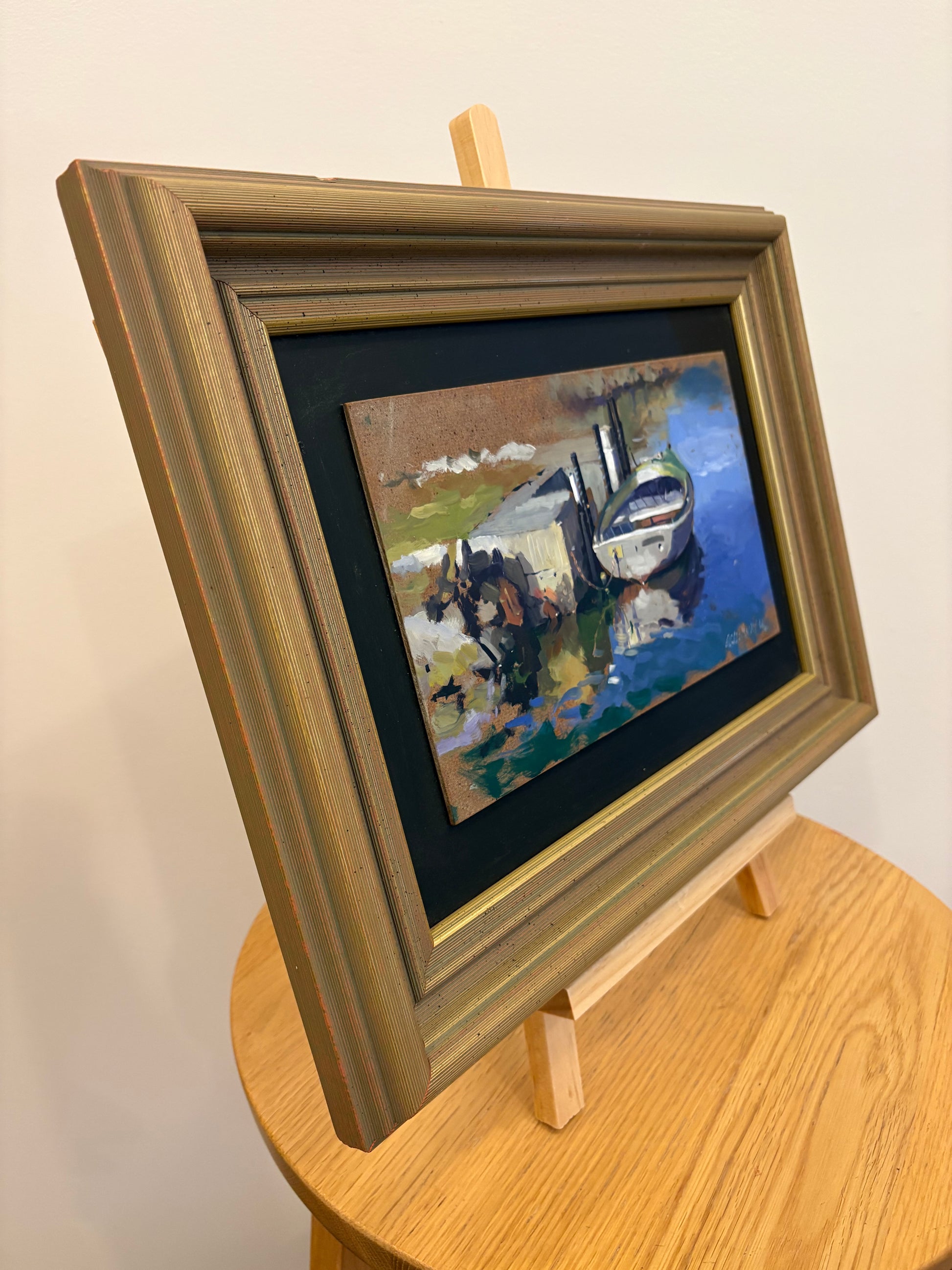 Original Graham Galloway oil painting on board, boat, vintage framed artwork