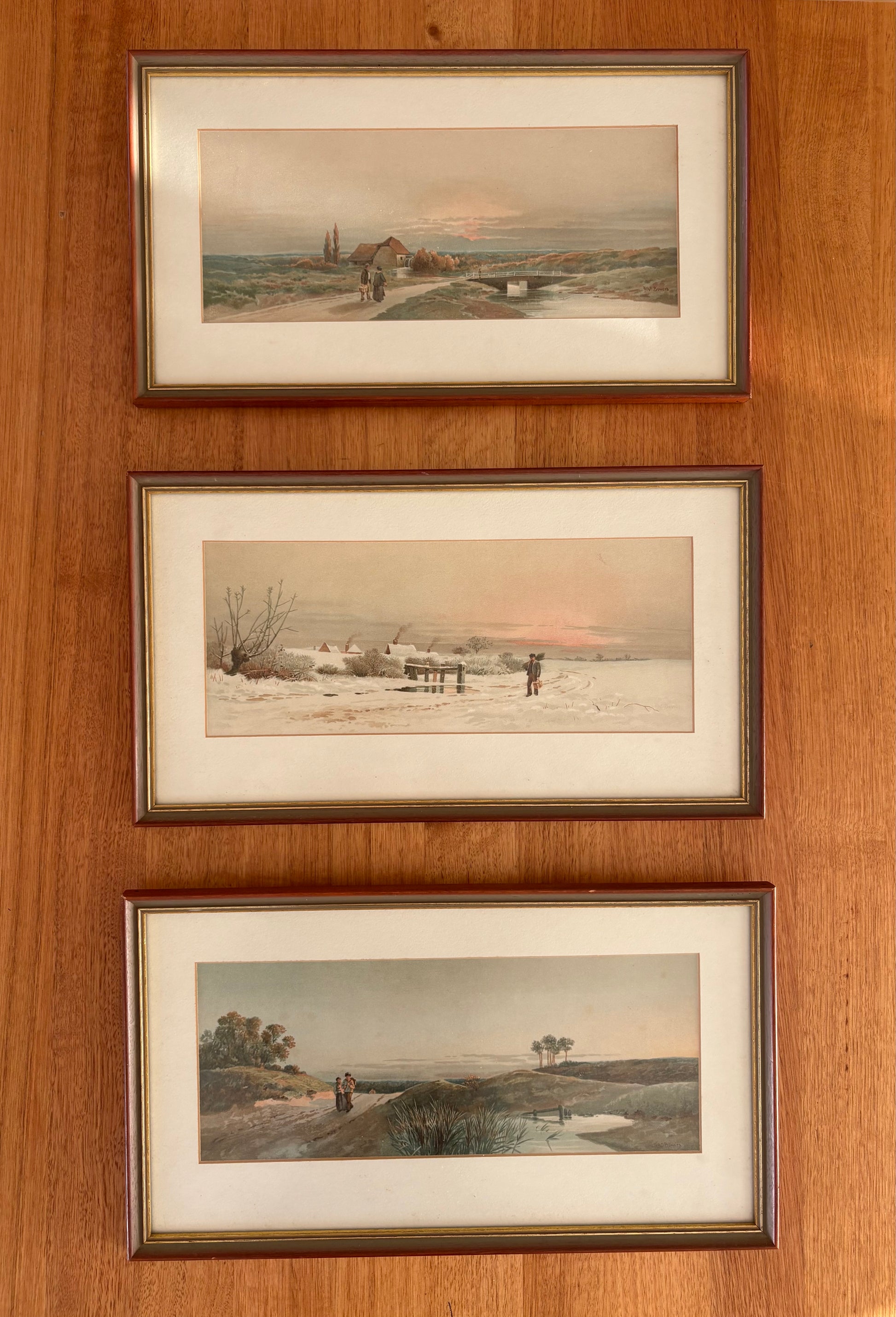 Trio of vintage British landscape chronographic prints, framed artworks