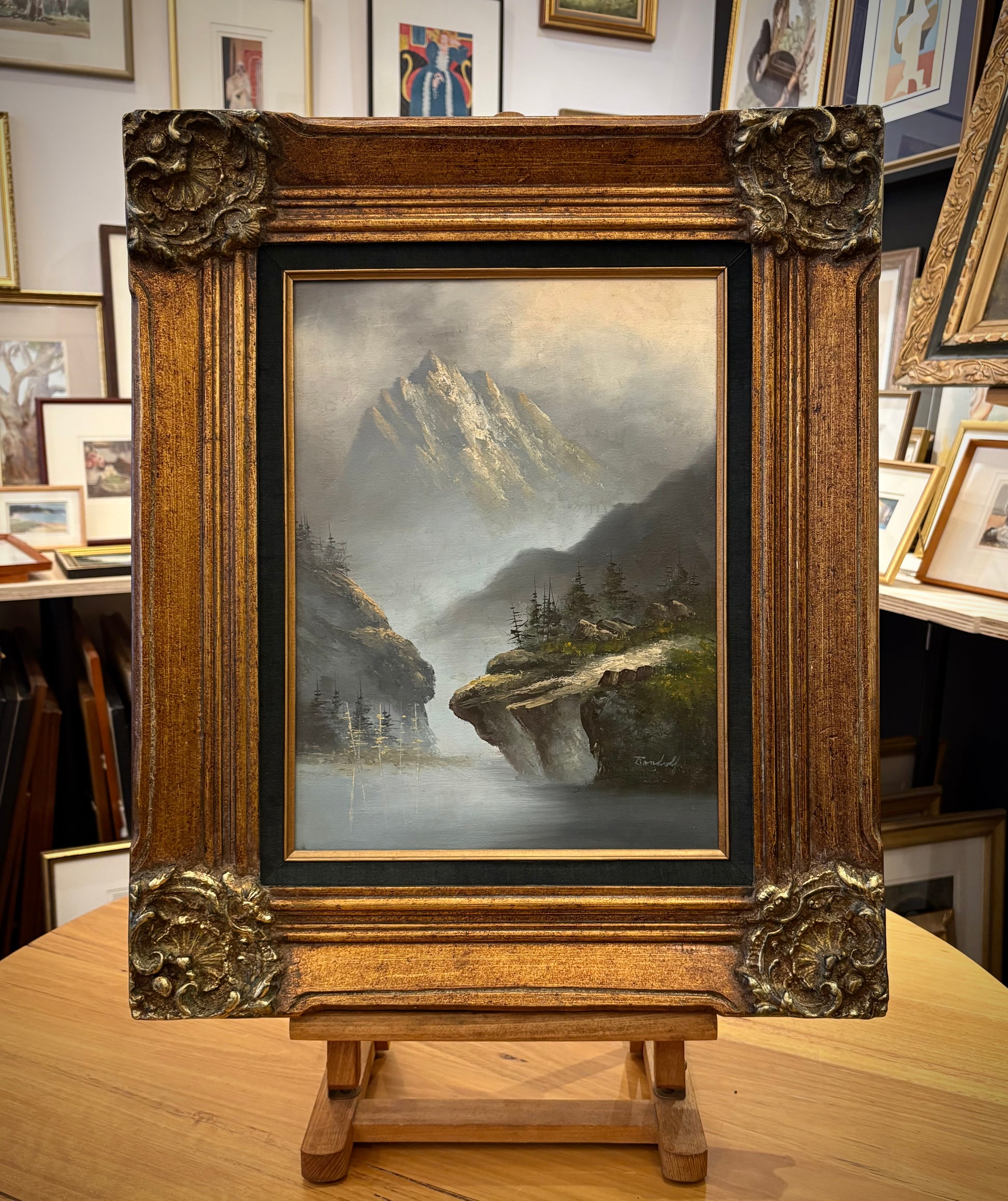 Original vintage painting on canvas, Alpine Lake, ornate gilt frame