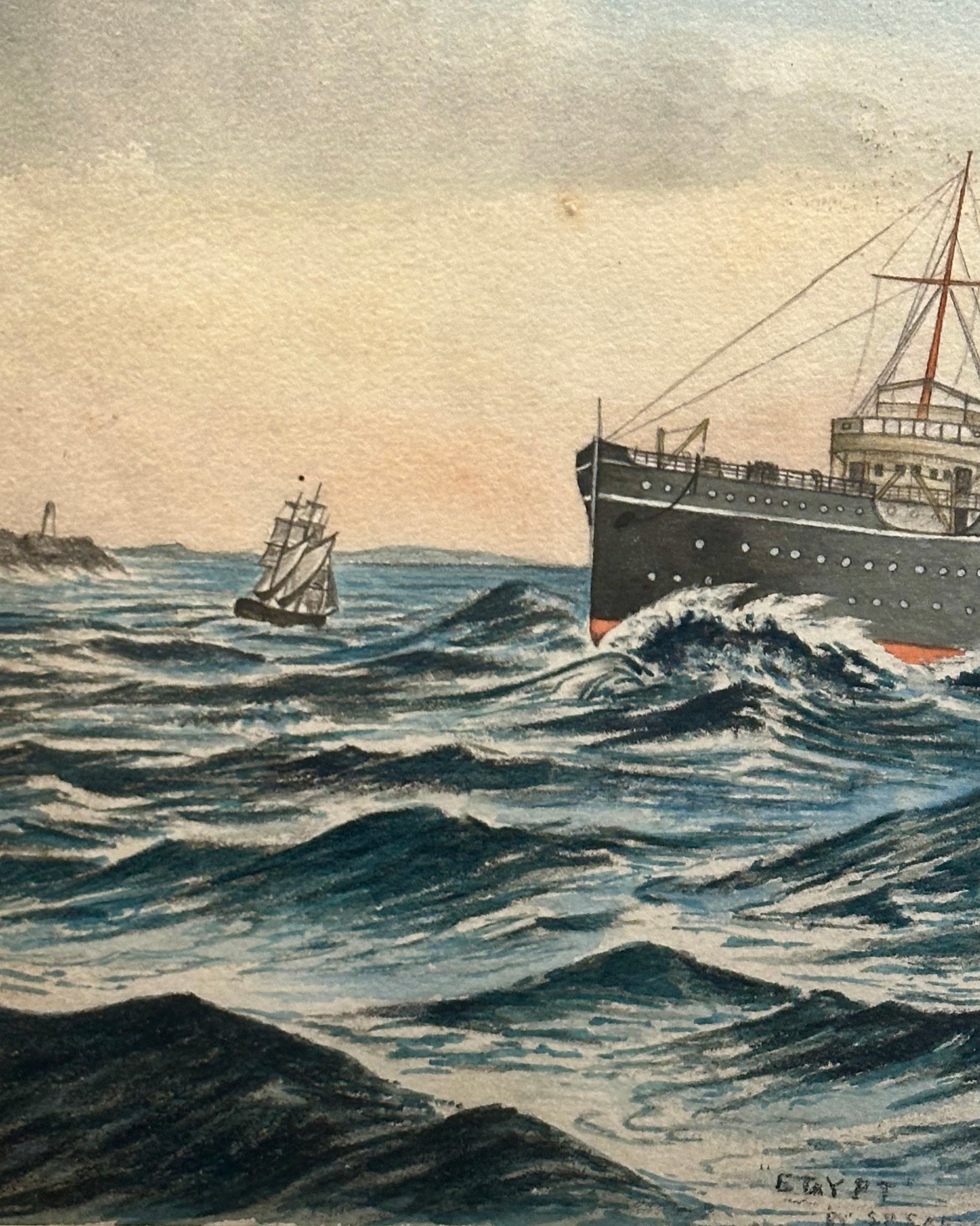 1900s Original watercolour painting, ship, antique framed art