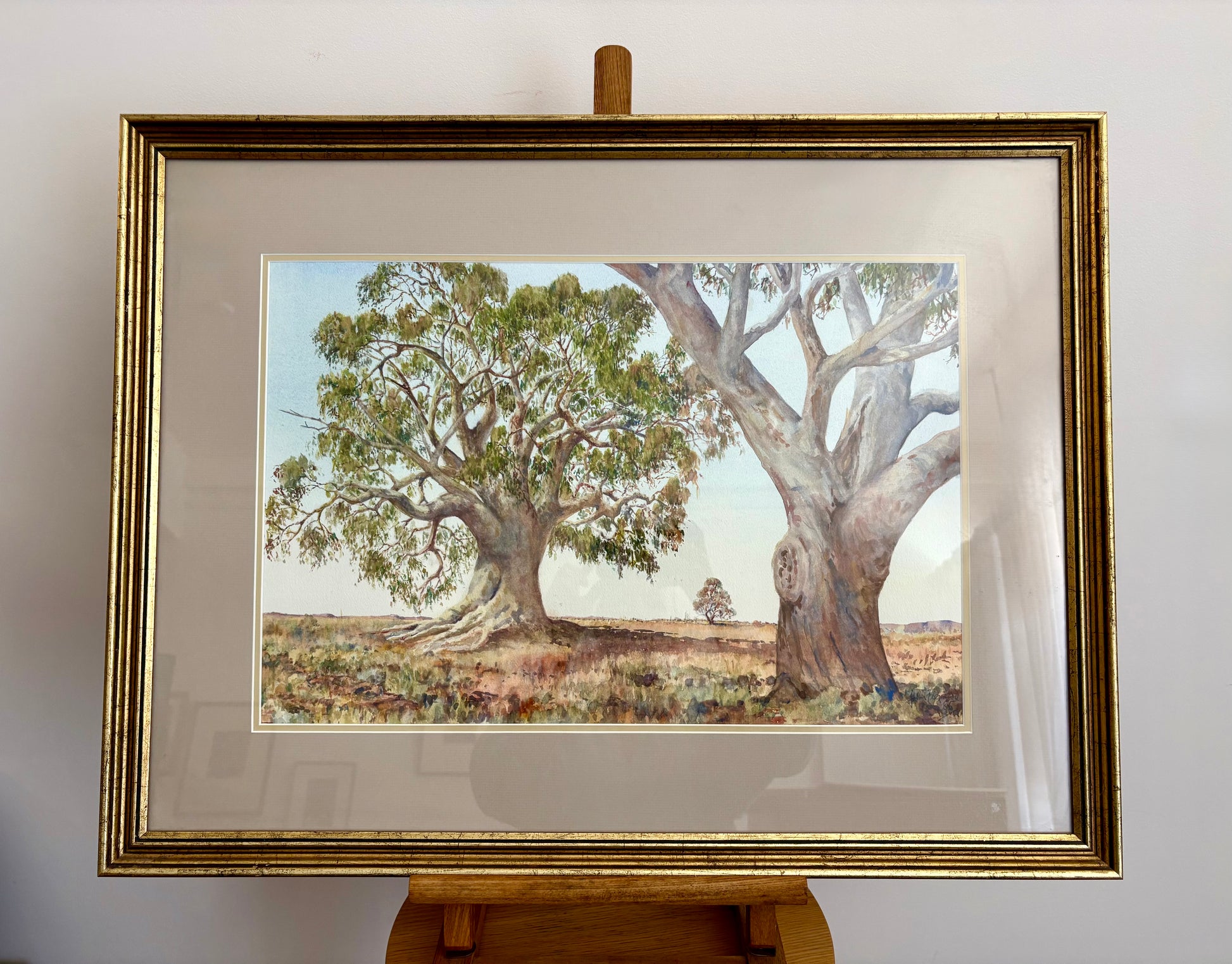 Original Australian watercolour painting, John Flexmore, gum trees, vintage framed art