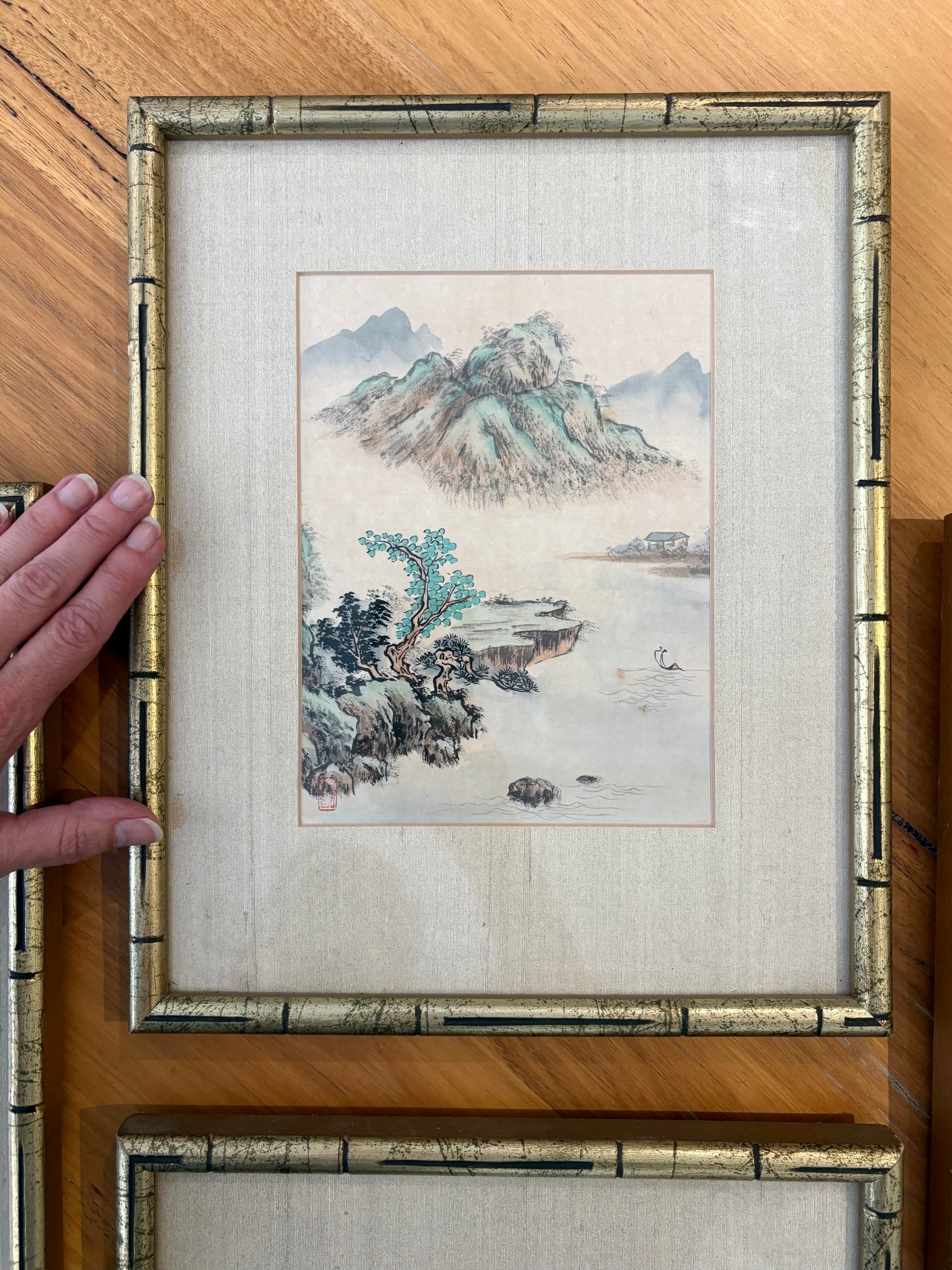 1950s vintage set of 4 Chinese original landscape paintings, framed art