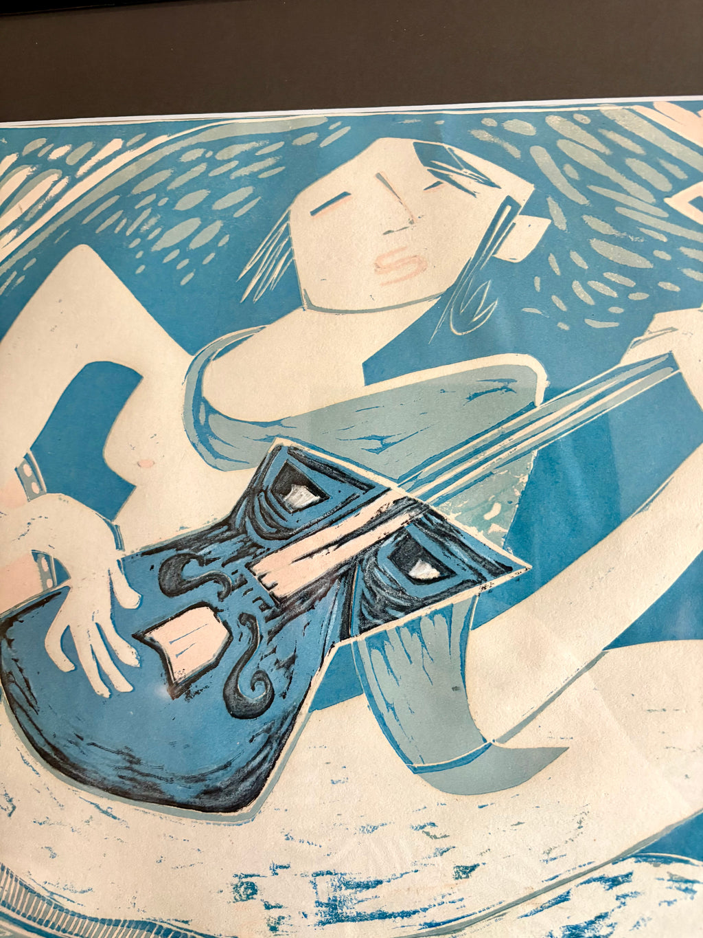 Original Robert Trauer Lithograph, Artist’s Proof, guitar, bird, framed vintage art