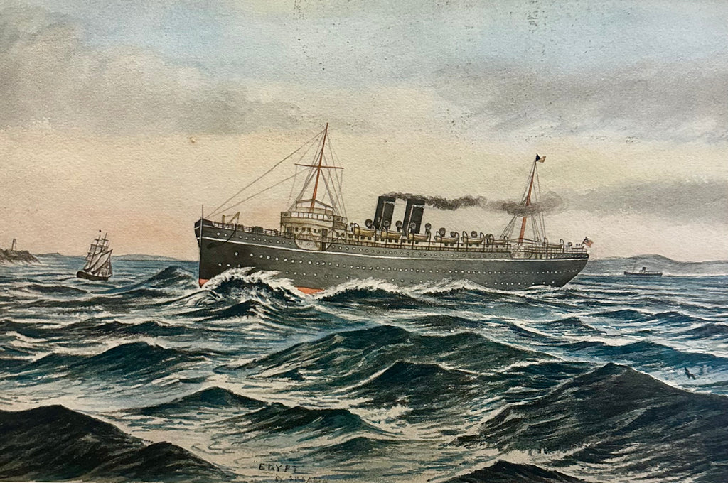 1900s Original watercolour painting, ship, antique framed art