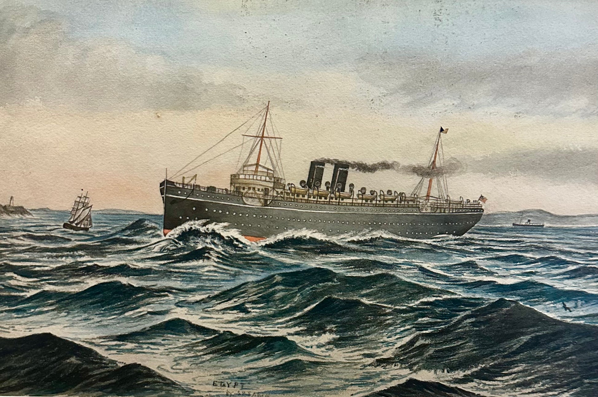1900s Original watercolour painting, ship, antique framed art