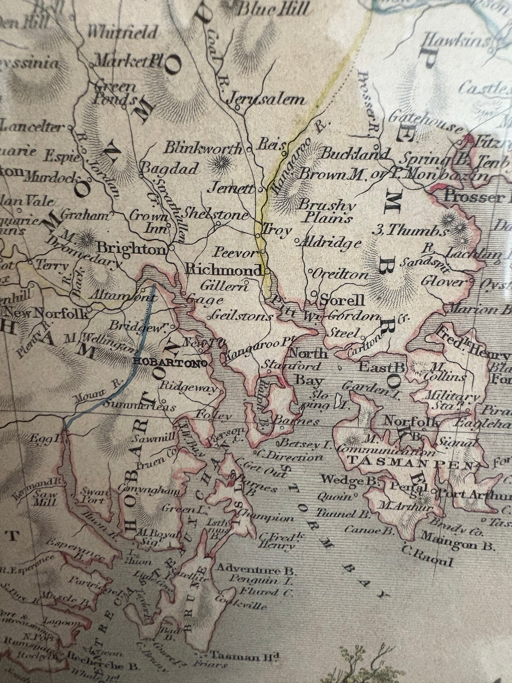 1850s antique map of Tasmania, engraved, hand coloured, Tallis, vintage framed art