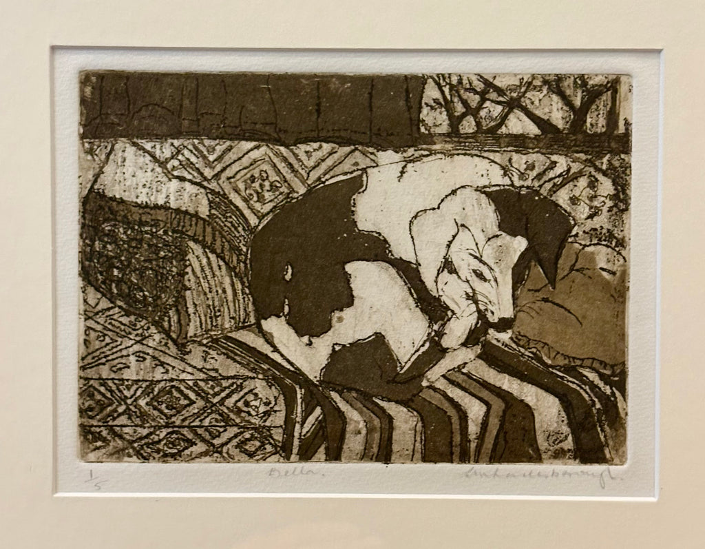 Vintage original dry point etching, dog, signed framed art
