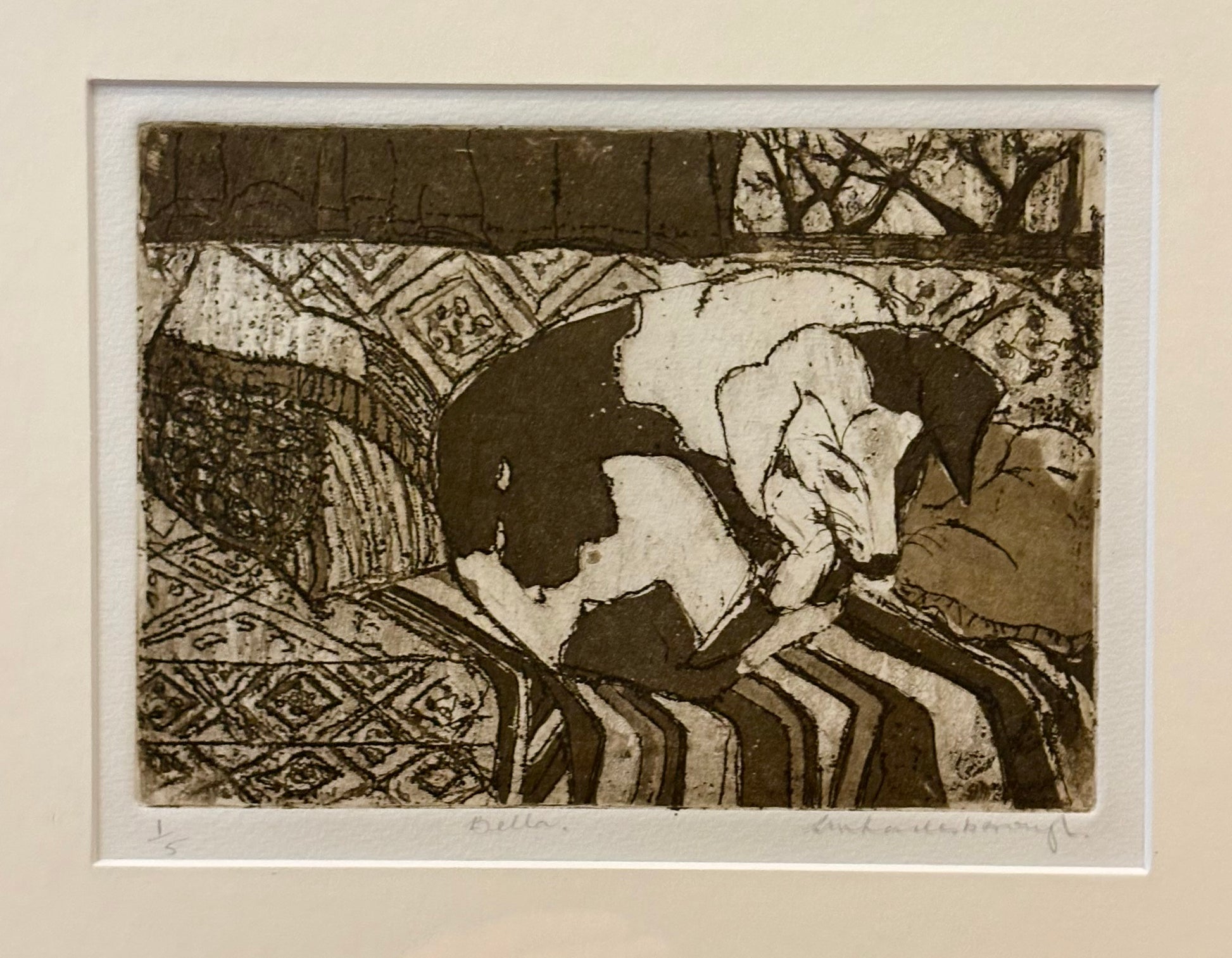 Vintage original dry point etching, dog, signed framed art