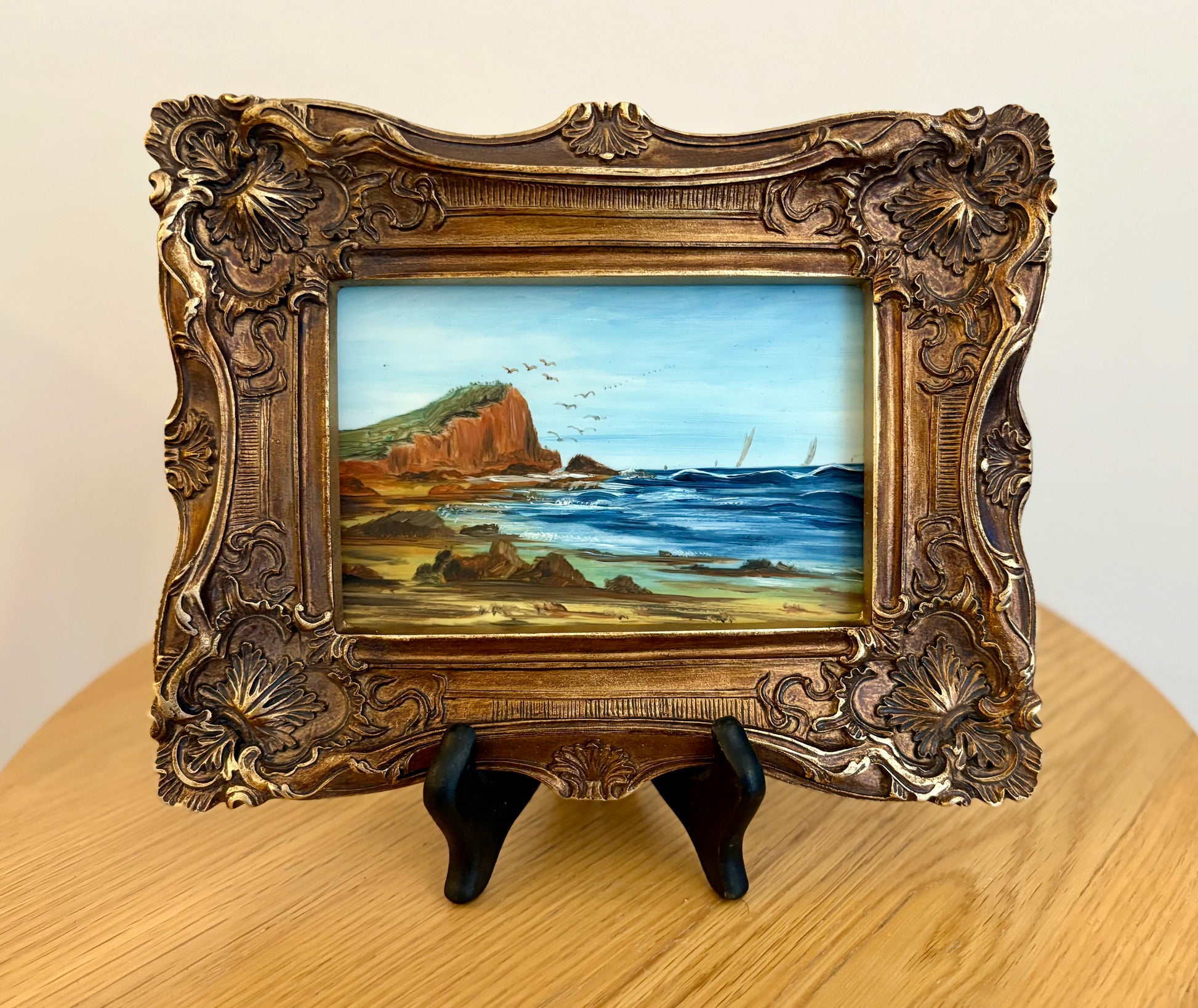 1900s Antique original painting, gilt frame, coastal, yachts
