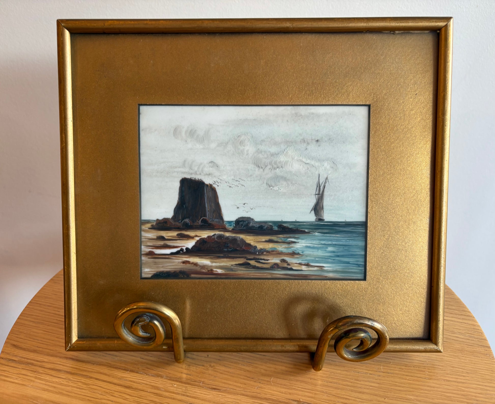 Antique original painting on white glass, coastal landscape scene, tall ship, framed vintage art