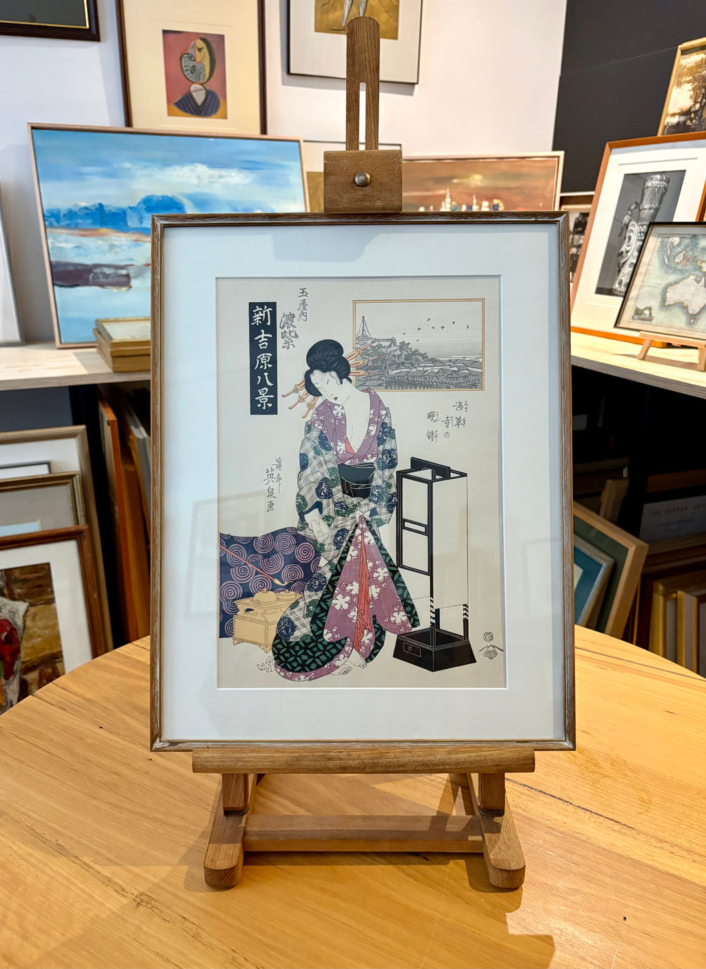Original woodblock print, reproduction after Kitagawa Eizan, framed Japanese vintage art