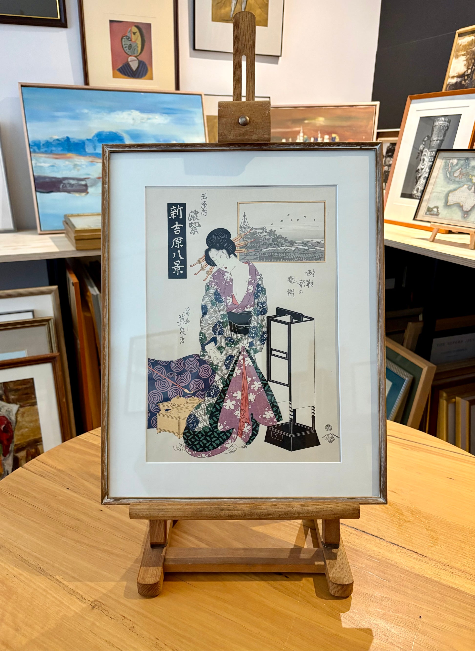 Original woodblock print, reproduction after Kitagawa Eizan, framed Japanese vintage art