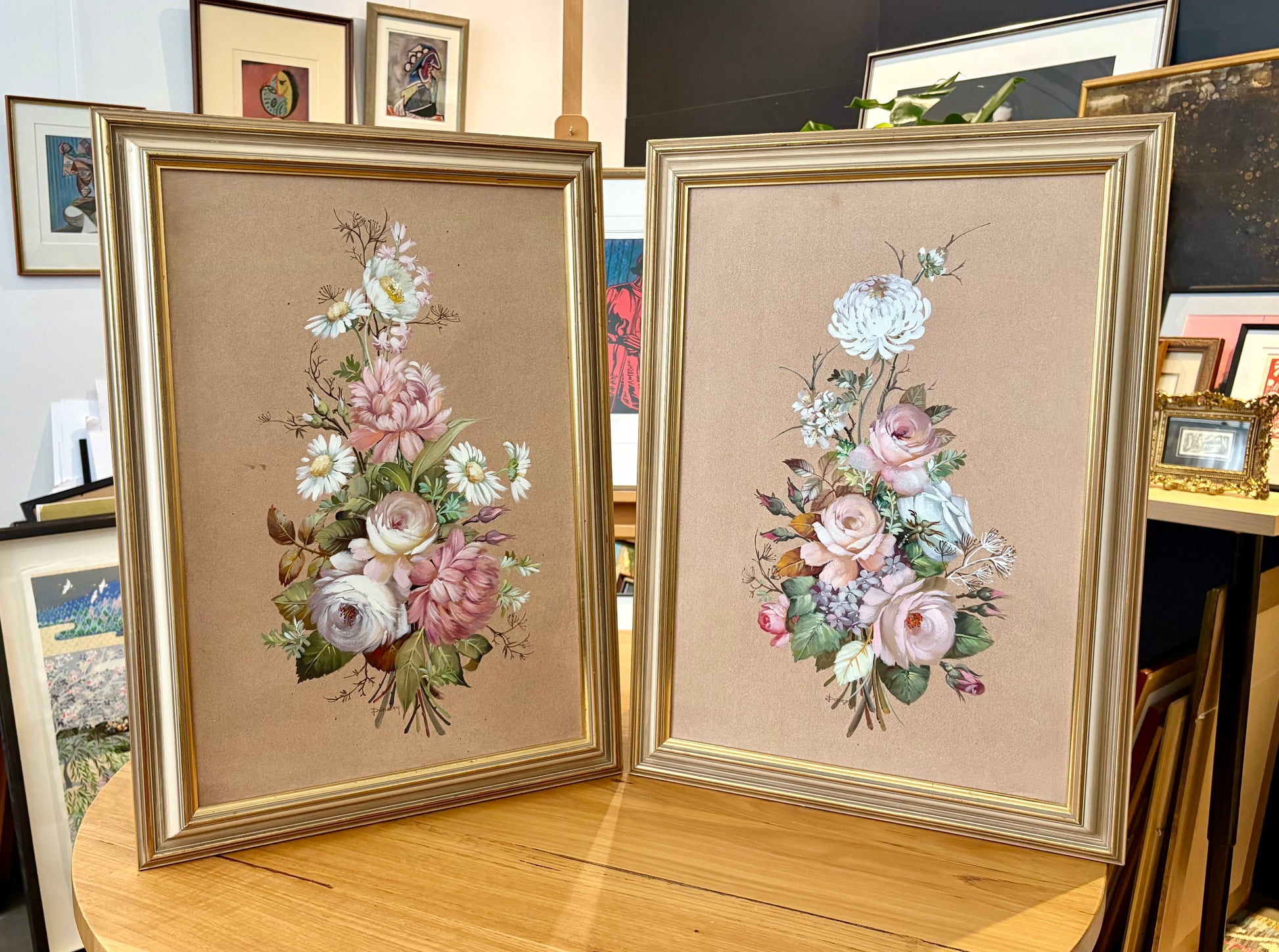 Pair of 1960s original watercolour paintings on board, “Floral Bouquet”, signed