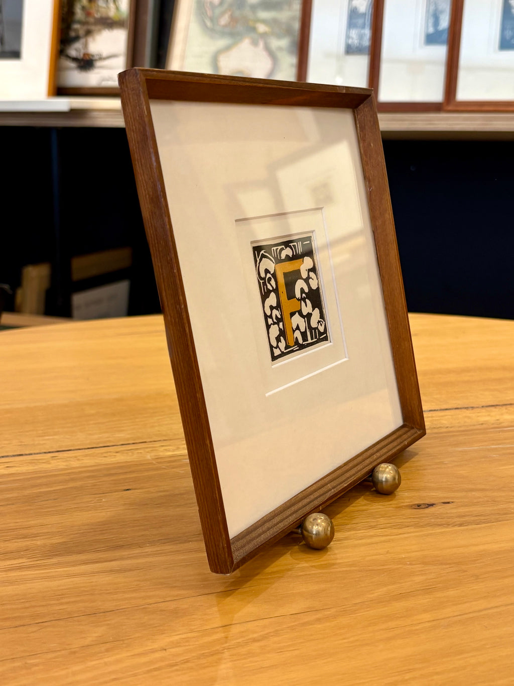 1920s Original Margaret Preston woodblock print, “Letter F”, antique framed art