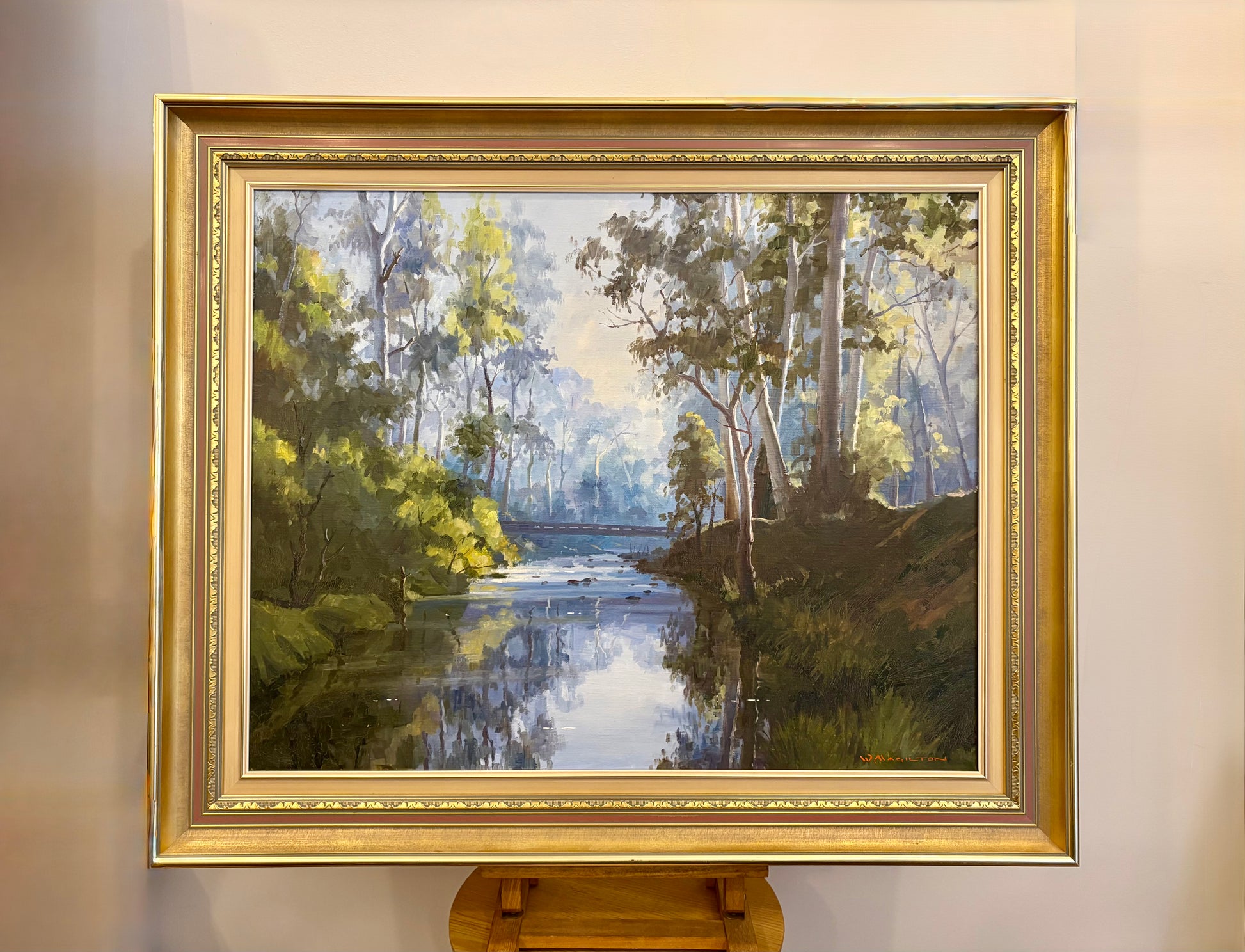 Large original oil painting on linen, Walter Magilton, “Sheepyard Flat”, vintage framed art