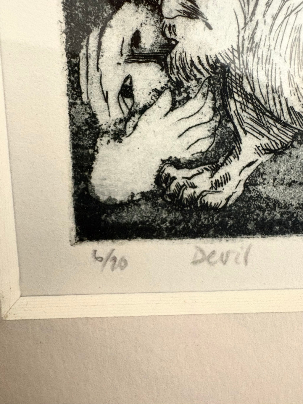 Original Etching, edition 6/20, signed, “Devil”, framed vintage art