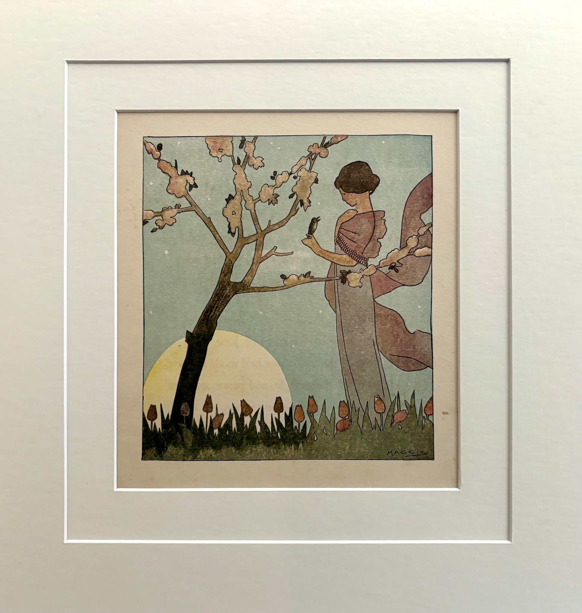 Rare original Art Deco woodblock print, 1911 antique, Maggie Salcedo, French framed art