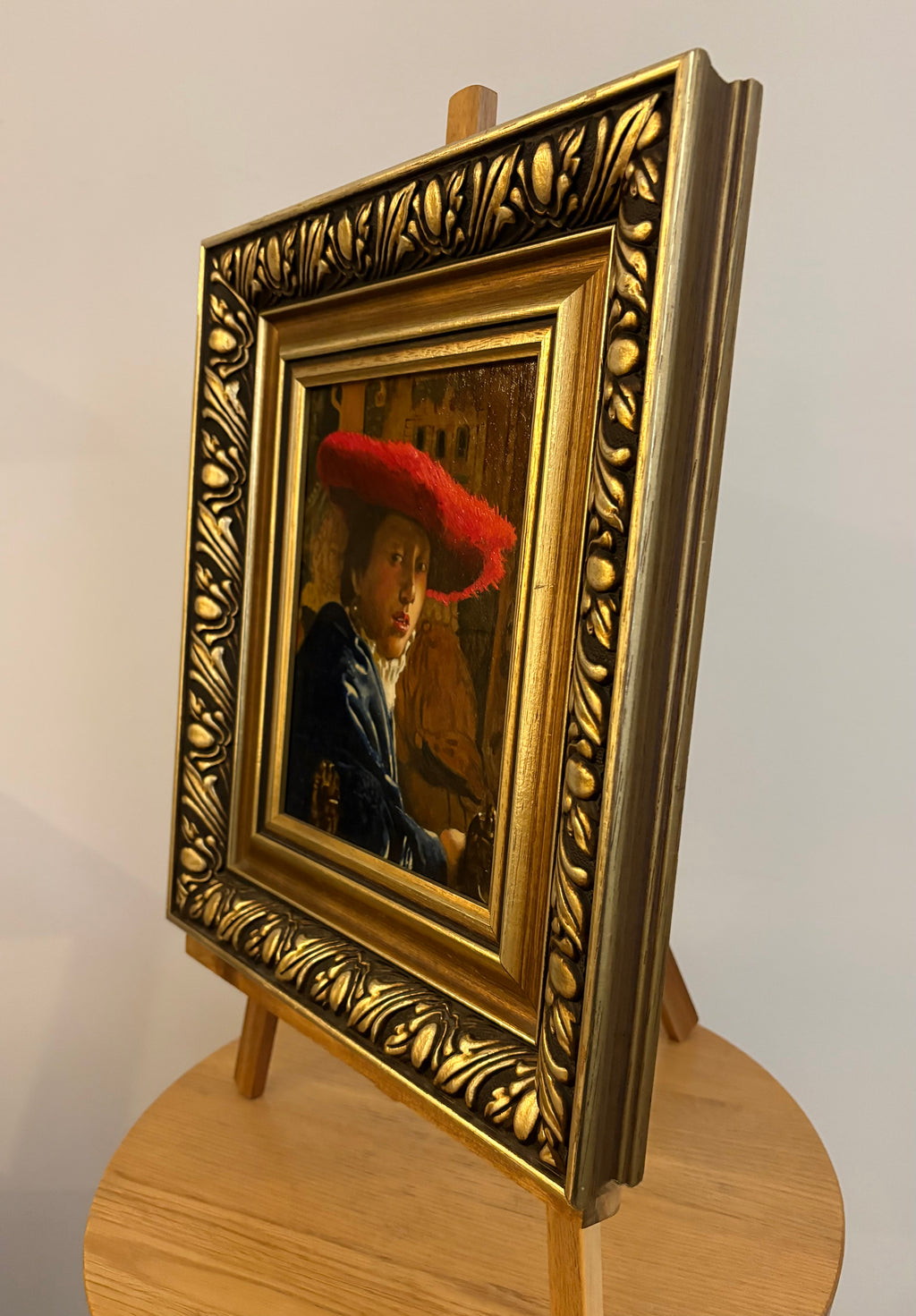 Original reproduction oil painting on board (after Vermeer), Girl in Red Hat, framed vintage art