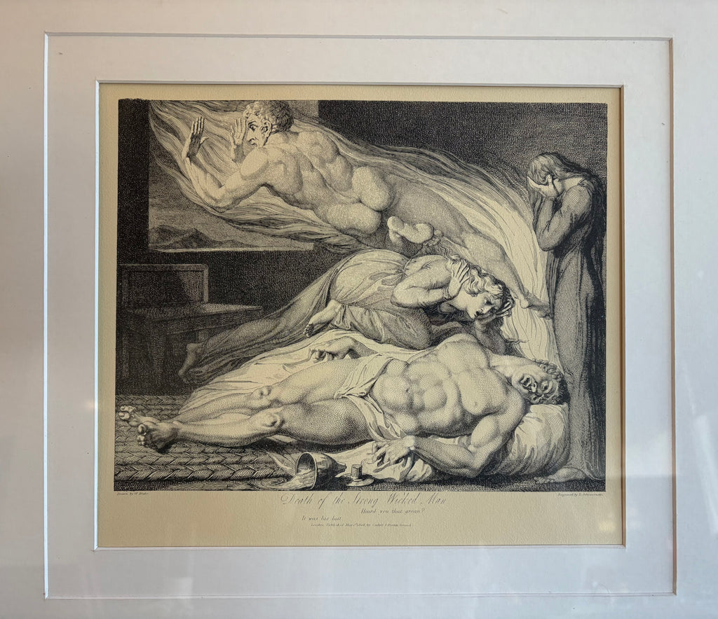 Vintage William Blake engraving, The Grave, framed artwork, "Strong Wicked Man", antique gothic wall art