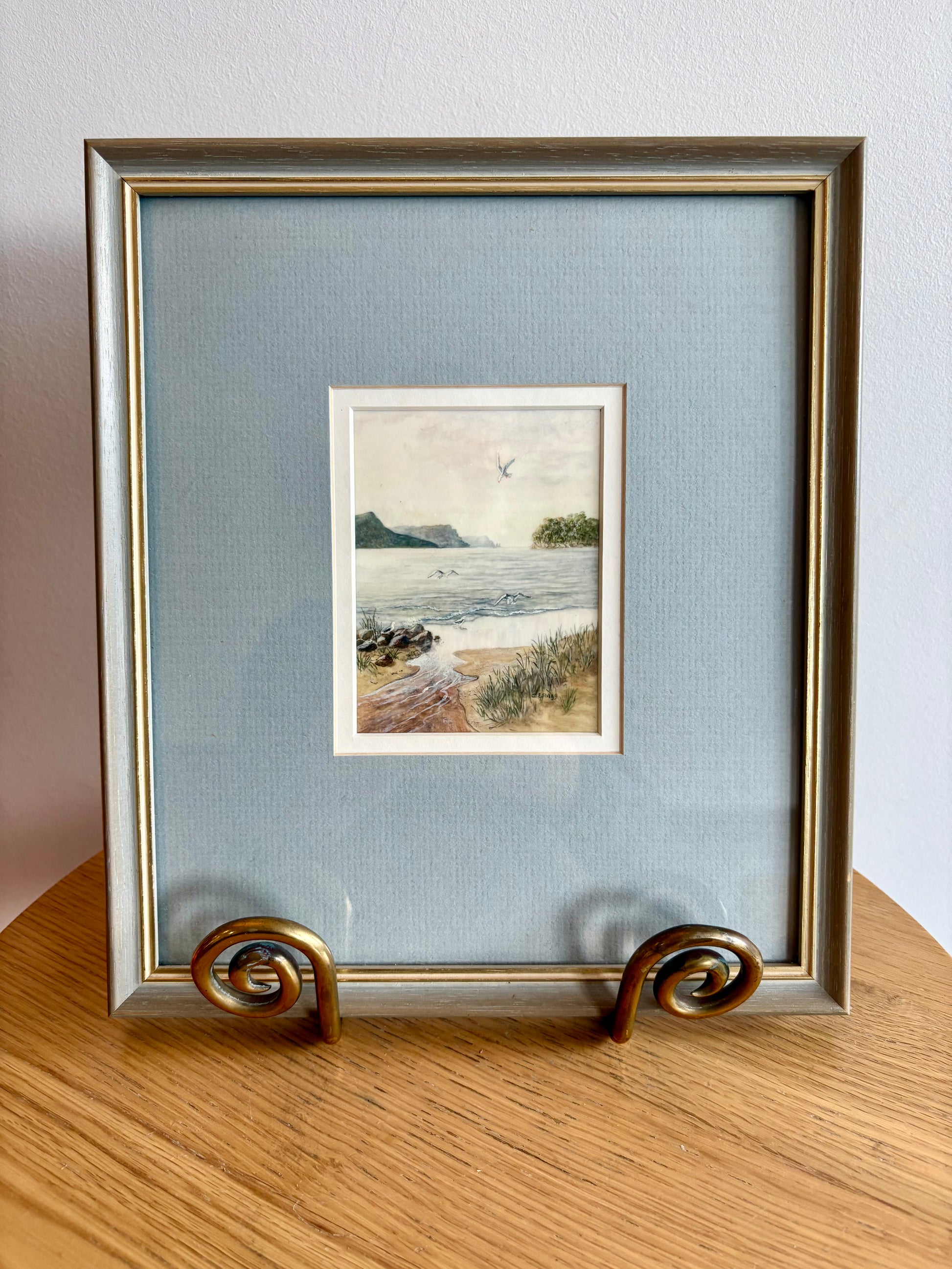 Original Jim Stagg miniature painting, seaside with seagulls, Surrealism, vintage framed art