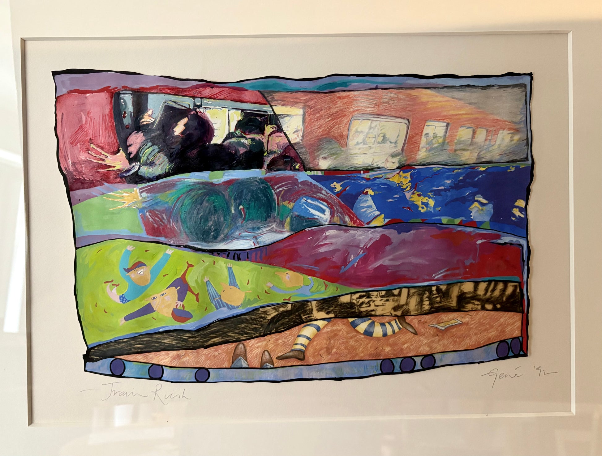 Original mixed media painting, signed, “Train Rush”, 1992, framed vintage art