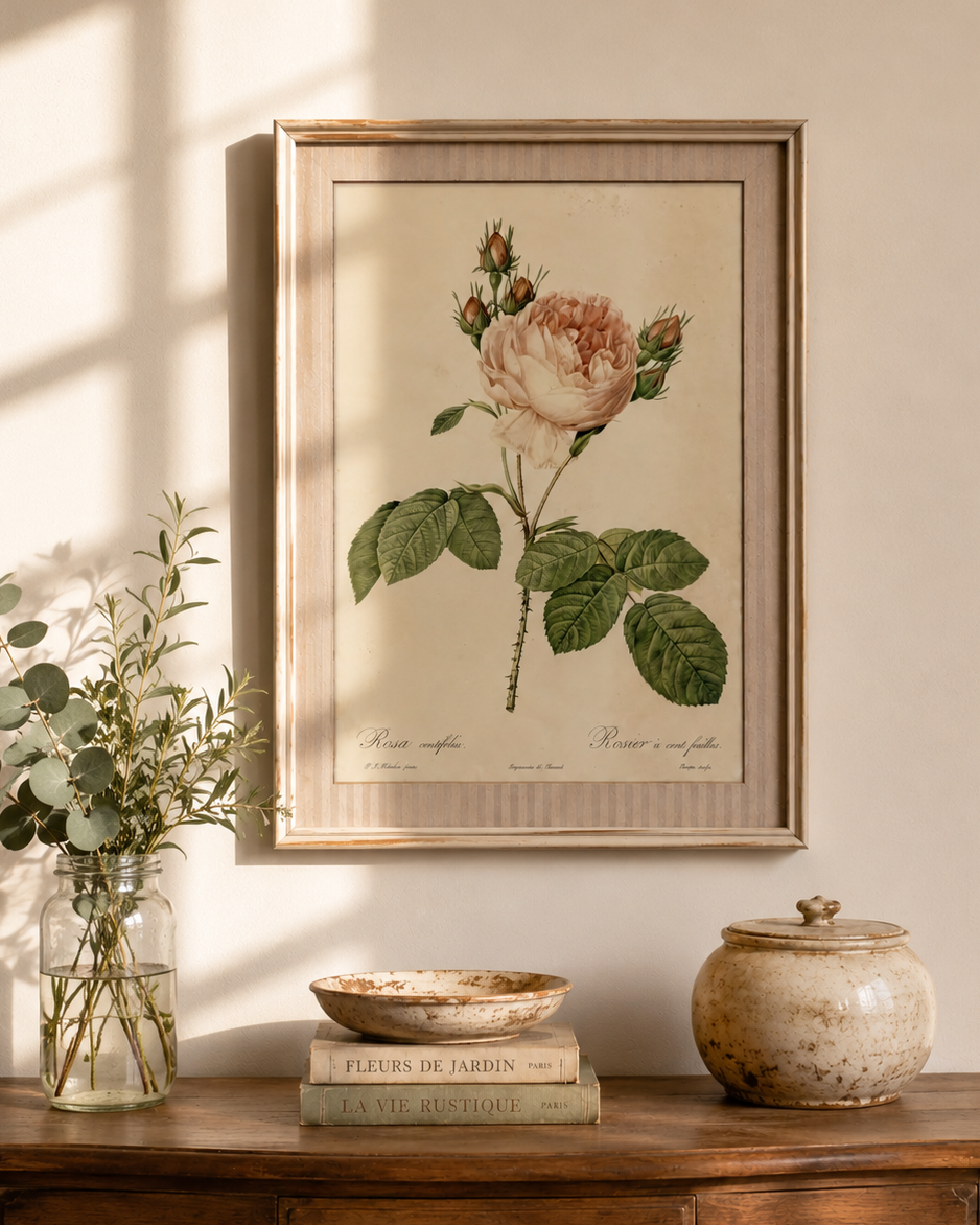1950s framed print after Redoute, Roses, French art