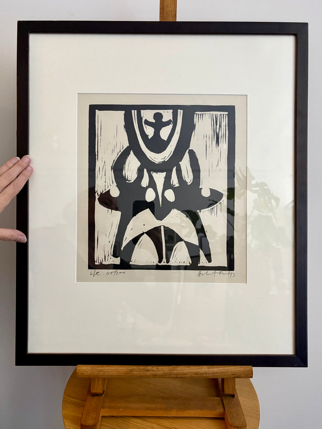 Large 1973 original linocut artwork, Ashit Paul, mythical, vintage framed art