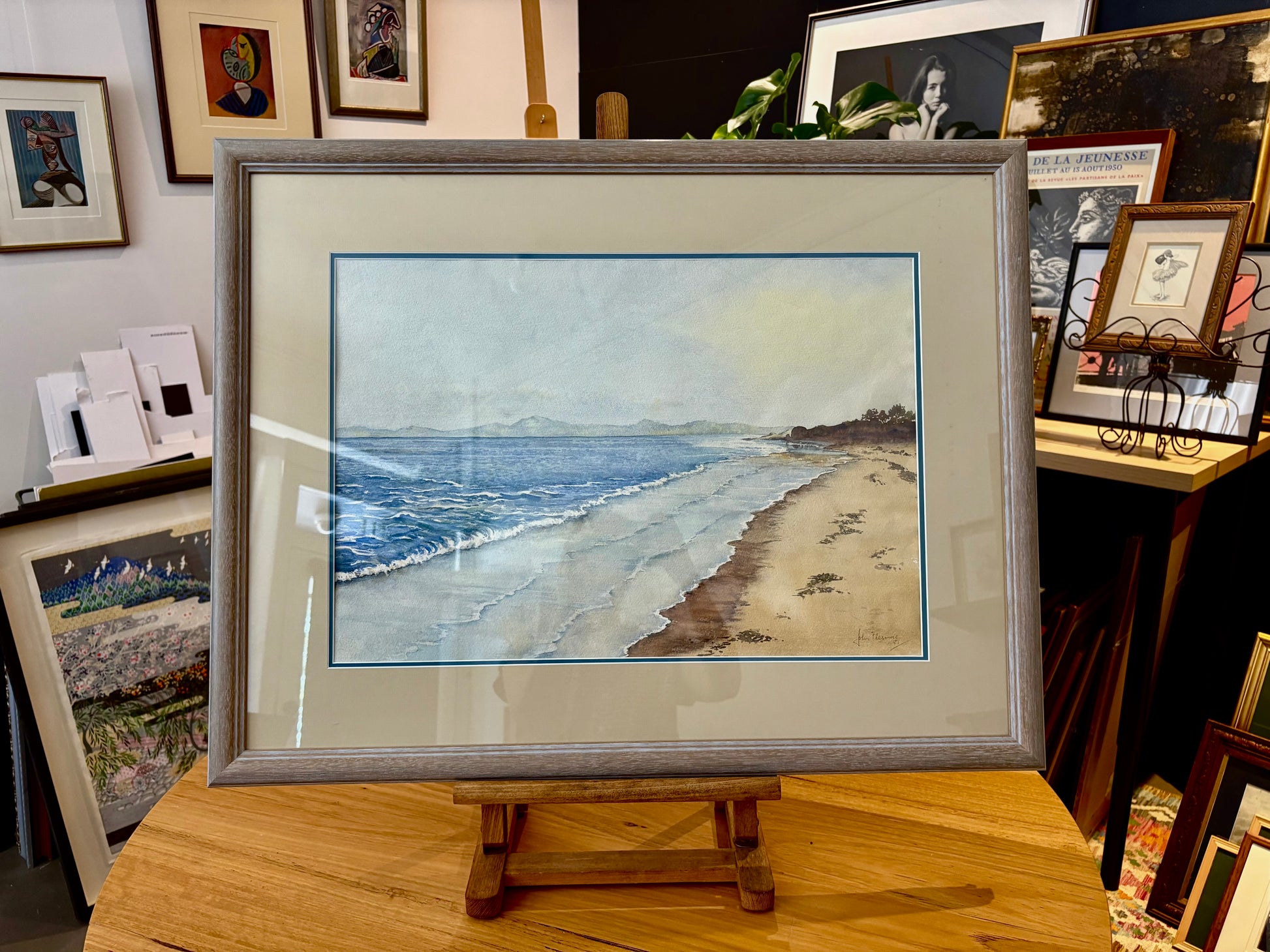 Original watercolour painting, John Flexmore, coastal scene, vintage framed art