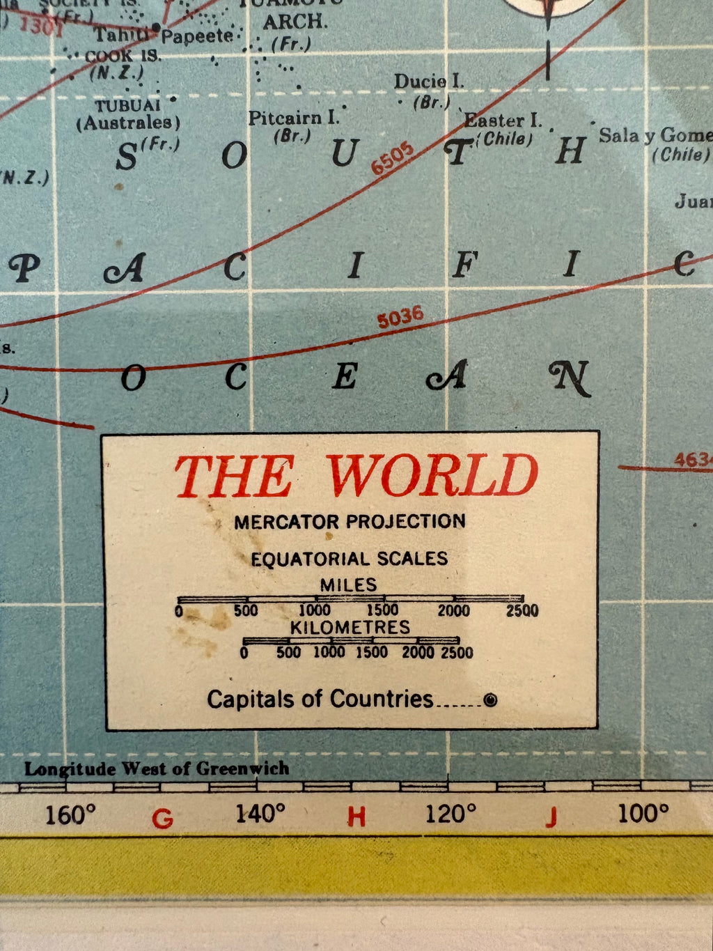 1950s vintage mid century framed map of The World