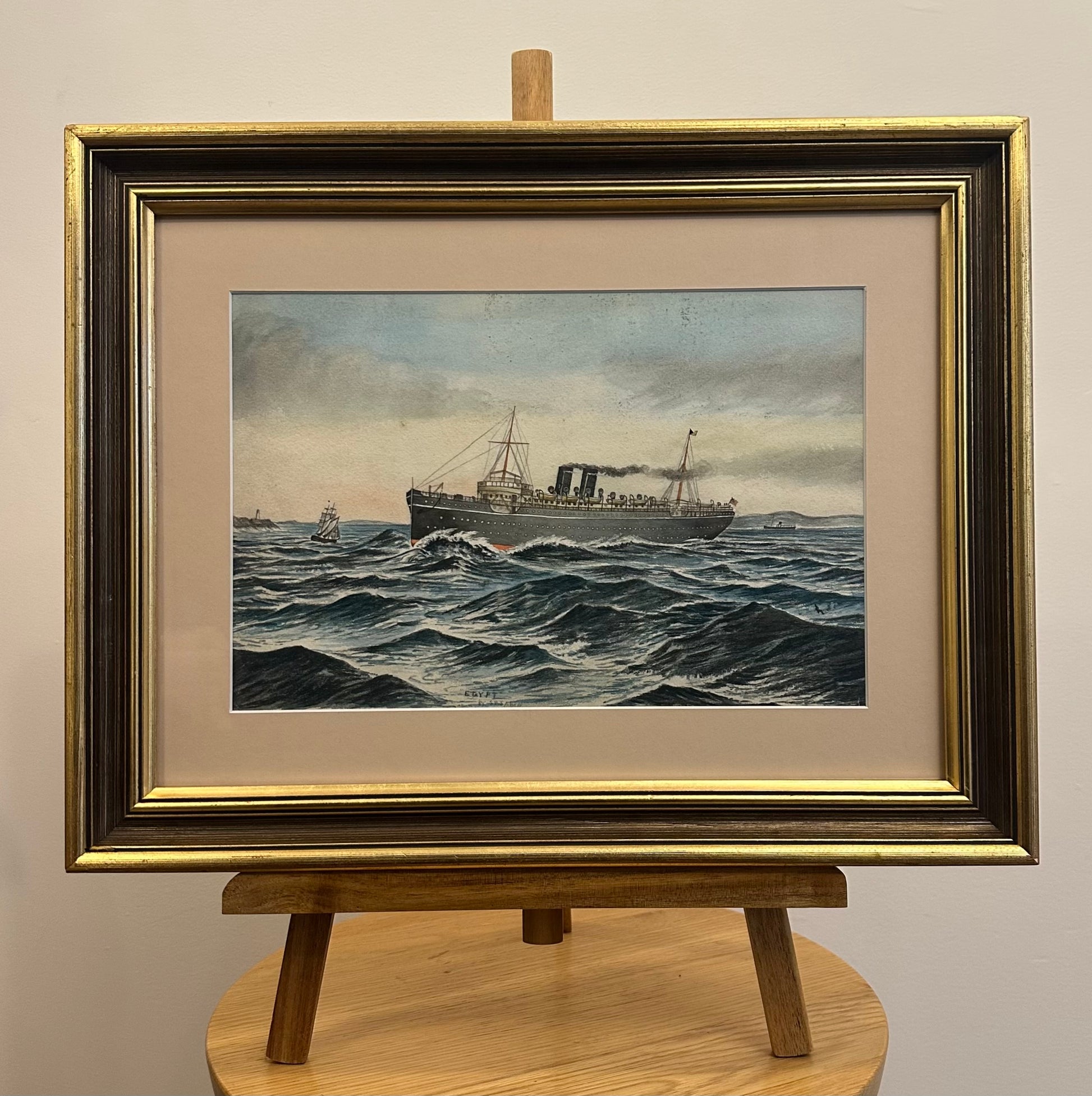 1900s Original watercolour painting, ship, antique framed art