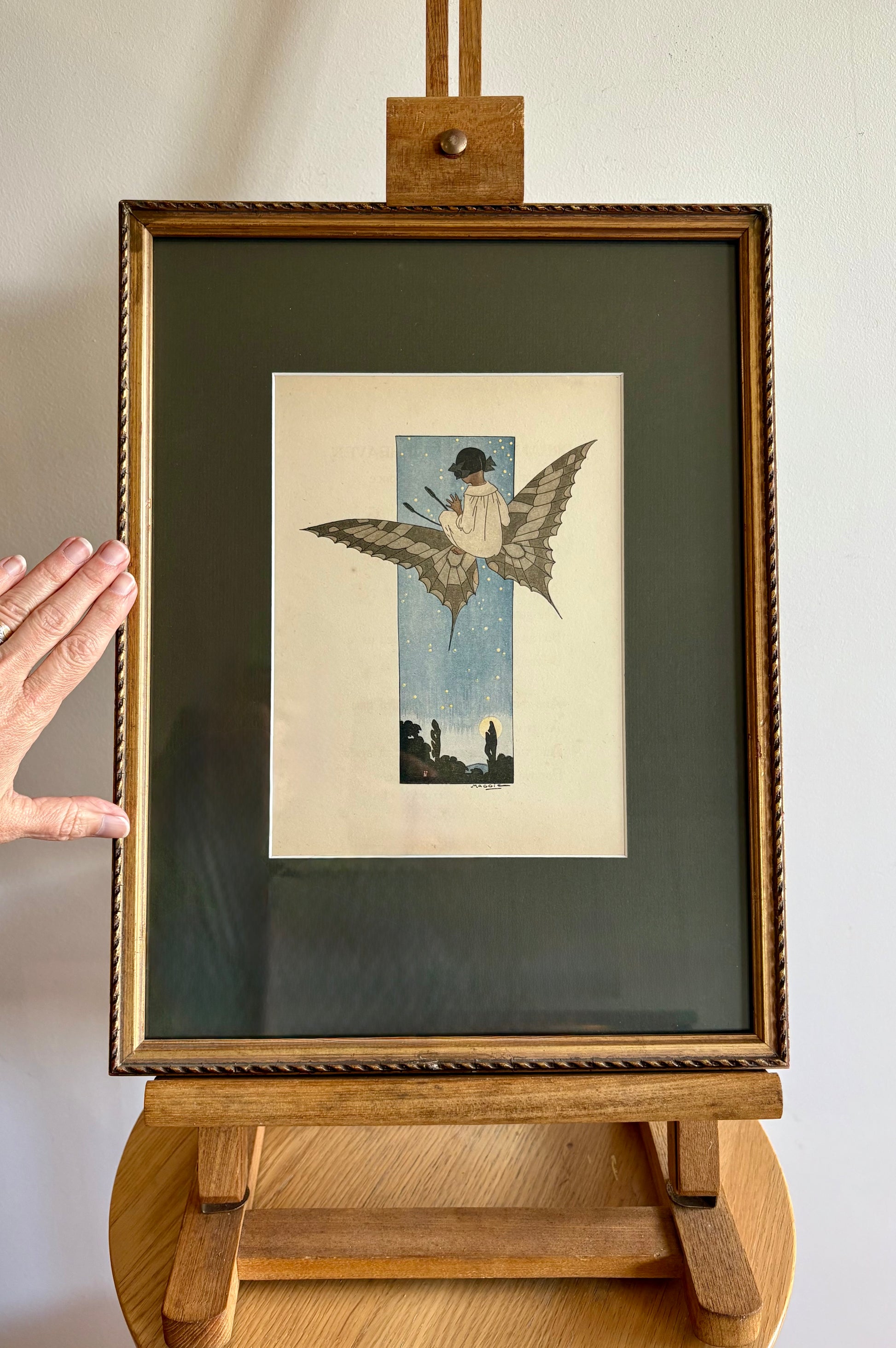 Rare original Art Deco woodblock print, 1911 antique, Maggie Salcedo, French framed art