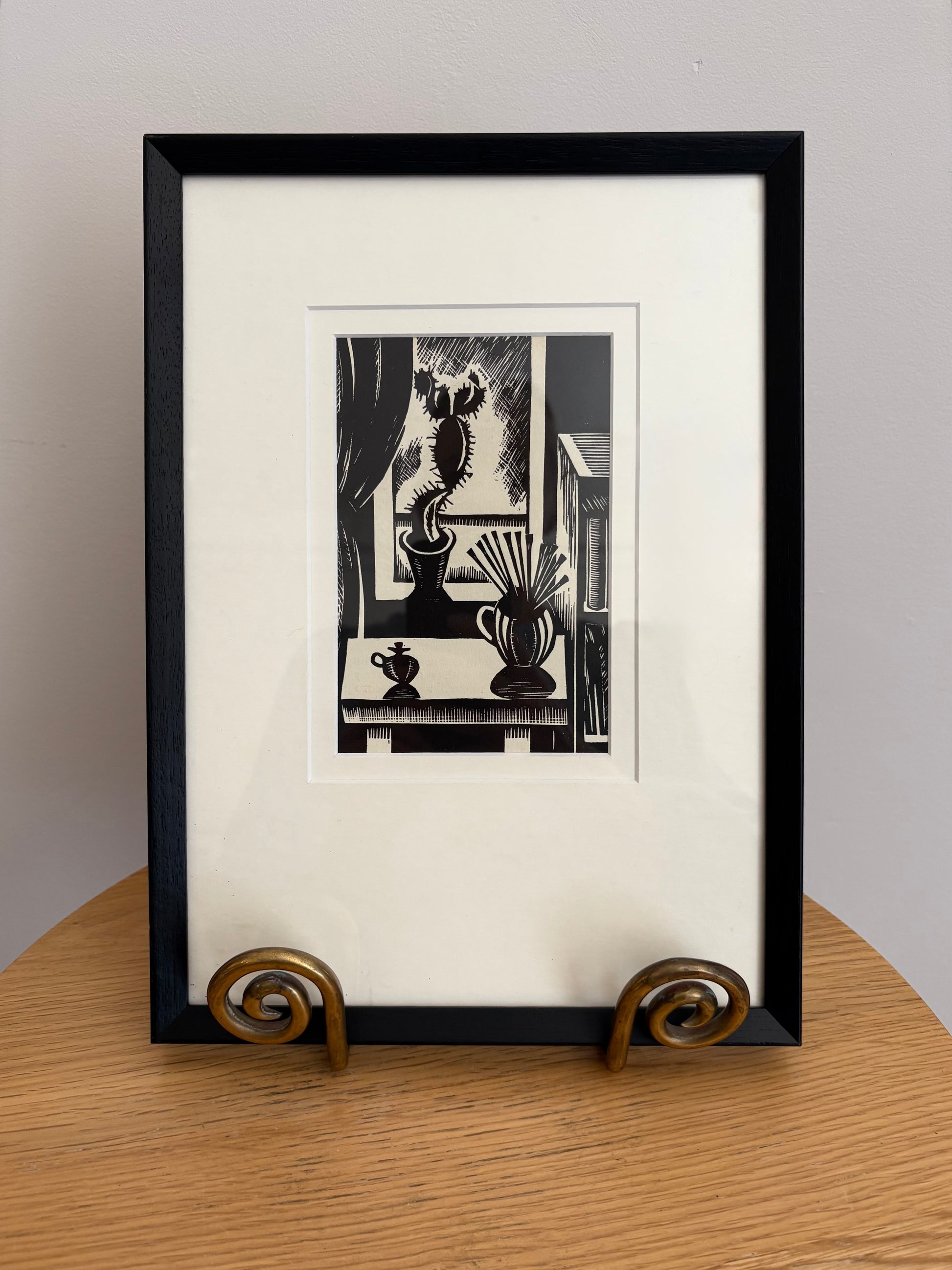 1924 print, woodblock, cactus, Edward Wadsworth, “Still Life”, framed vintage antique art