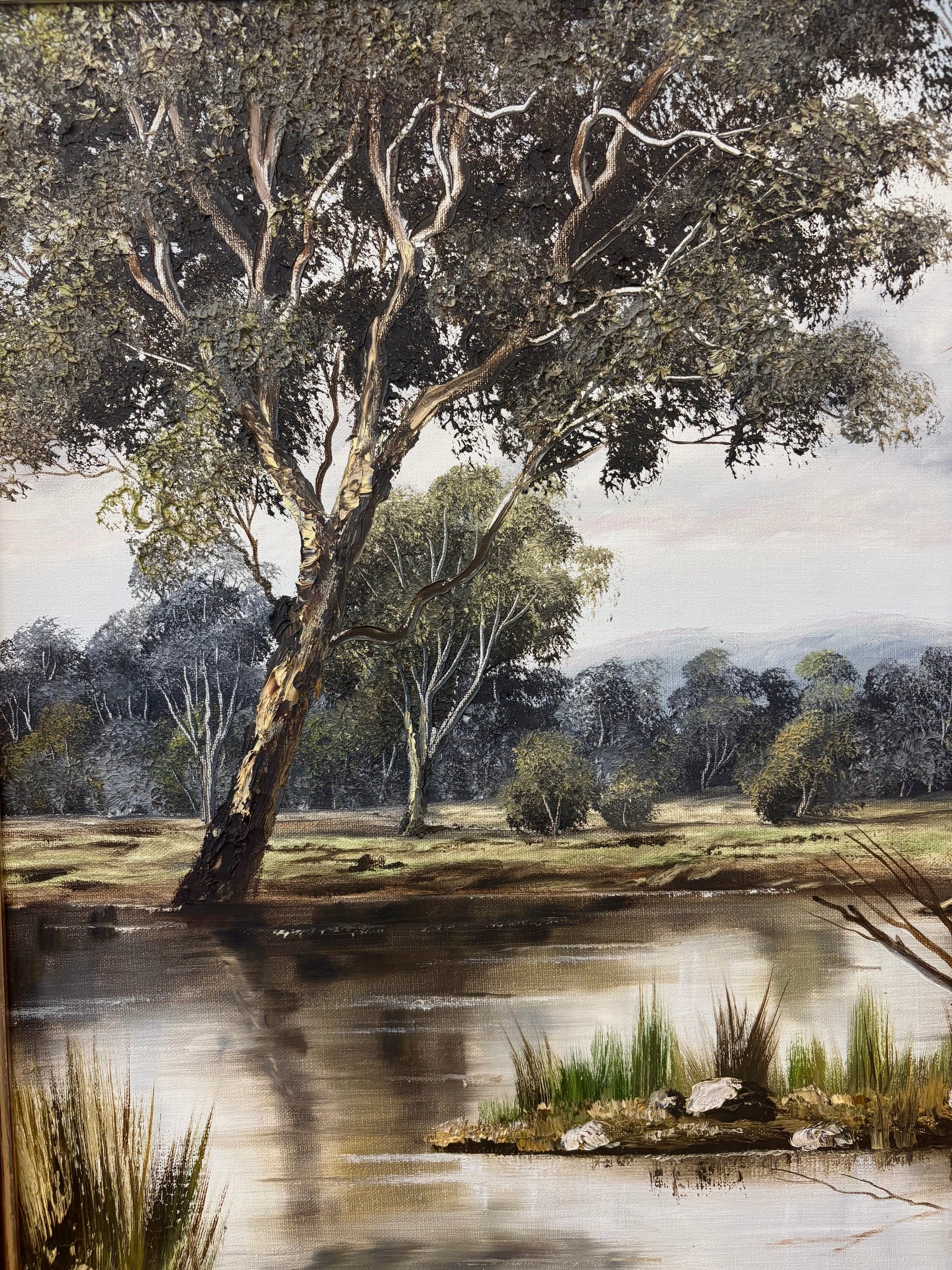 Large 1974 original Joan Lehmann oil painting on canvas, Australian landscape, framed art