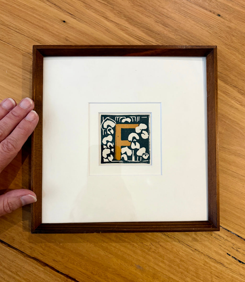 1920s Original Margaret Preston woodblock print, “Letter F”, antique framed art