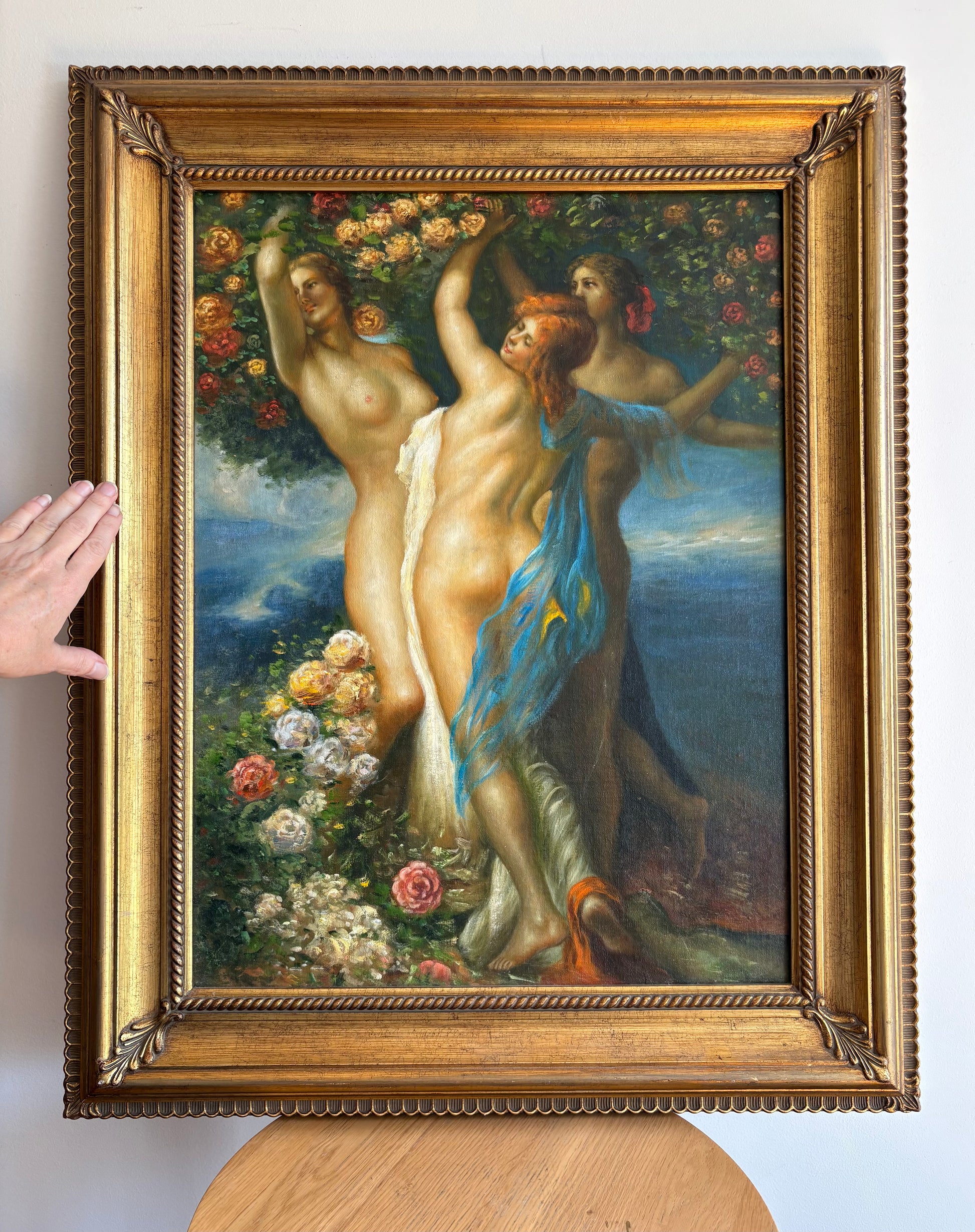 Large sized original painting, “Three Graces”, Mythical, gilt framed art