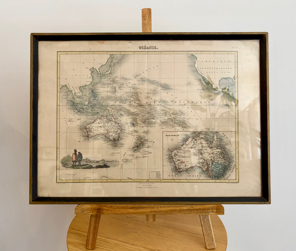 1878 antique map of Australia and surrounds, engraved, hand coloured, French, vintage framed