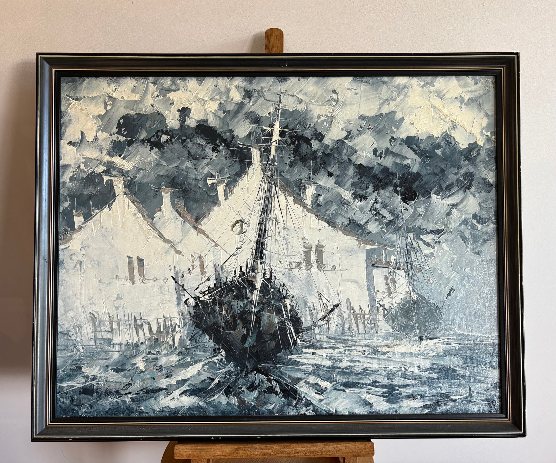 Mid century original oil painting on board, harbour, boats, vintage framed art