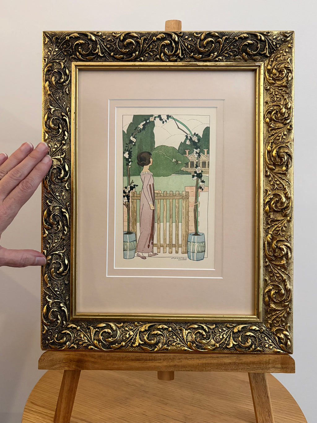Rare original Art Deco woodblock print, 1911 antique, Maggie Salcedo, French framed art
