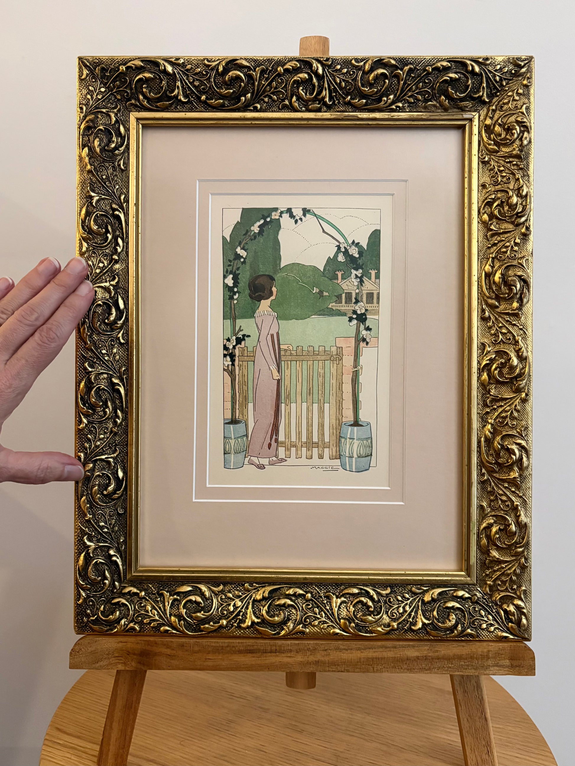 Rare original Art Deco woodblock print, 1911 antique, Maggie Salcedo, French framed art