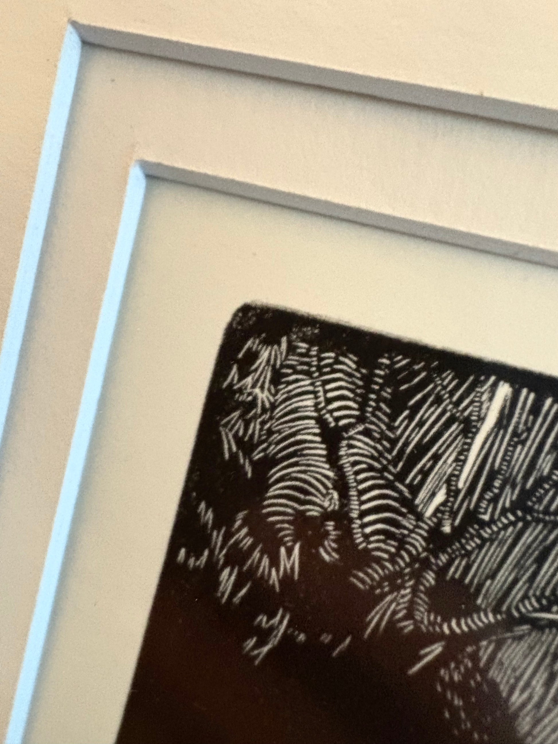 Original Helen Ogilvie woodblock print "The White Rooster", framed art, farmyard birds, Australian artwork