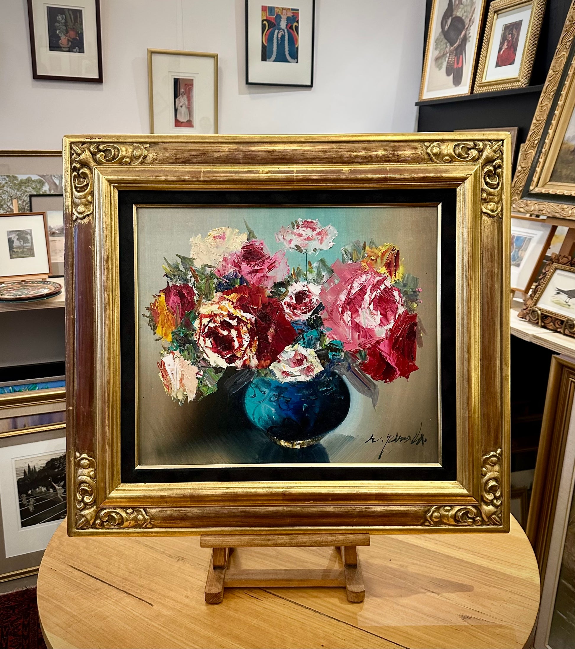 Large vintage original still life floral painting, gilt framed artwork