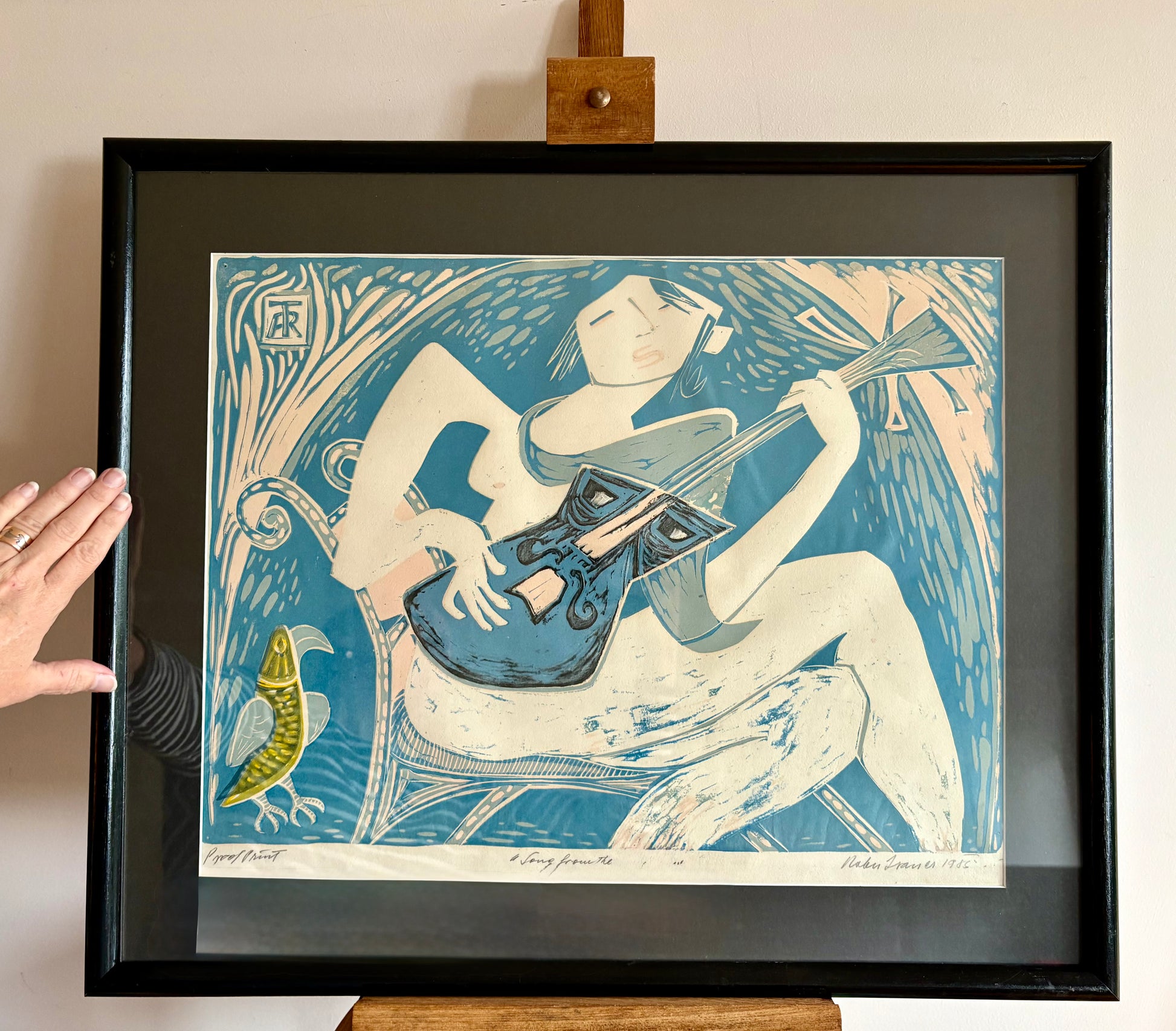 Original Robert Trauer Lithograph, Artist’s Proof, guitar, bird, framed vintage art