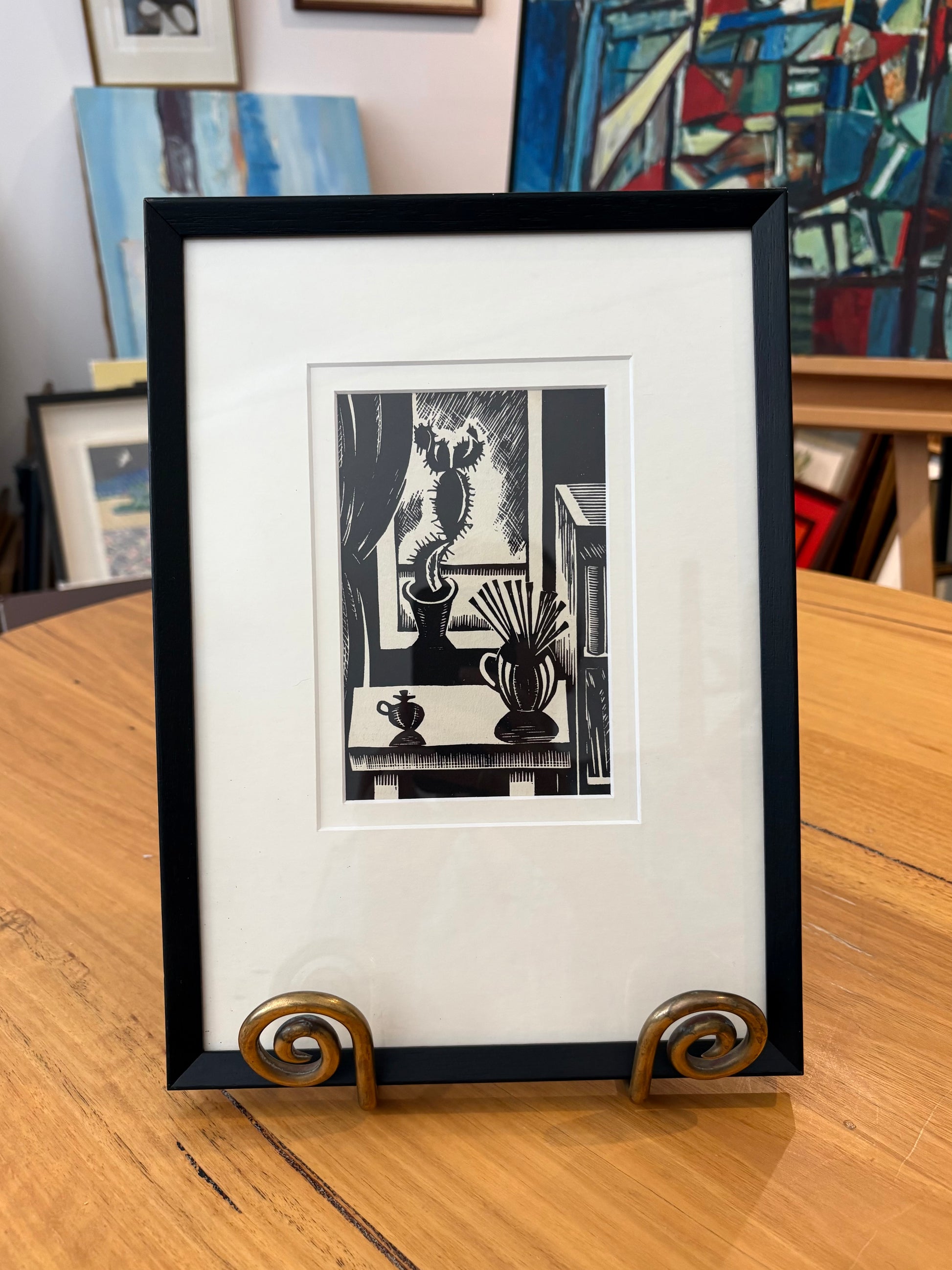 1924 print, woodblock, cactus, Edward Wadsworth, “Still Life”, framed vintage antique art