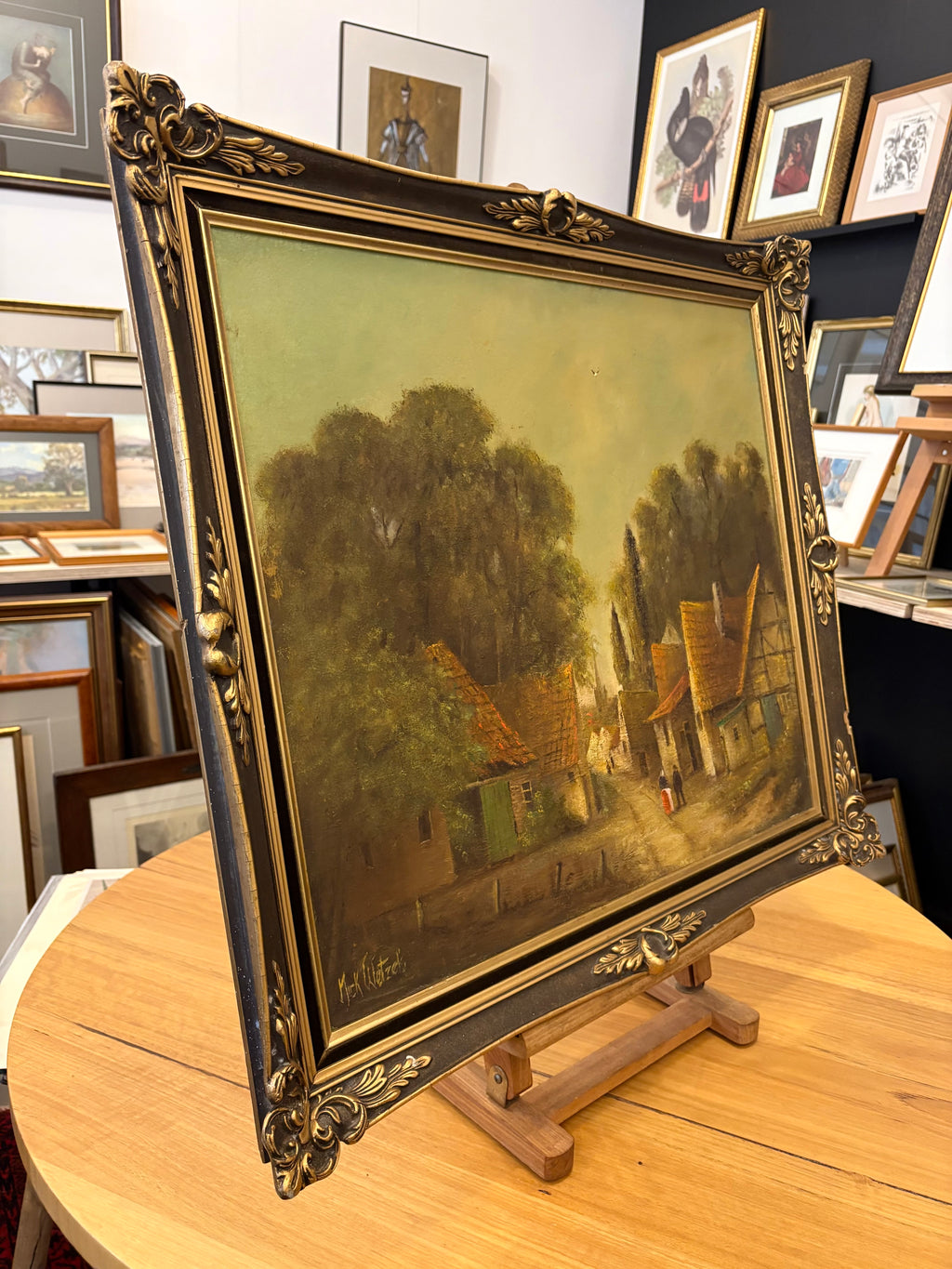 Antique original oil painting, village scene, ornate frame, signed framed art